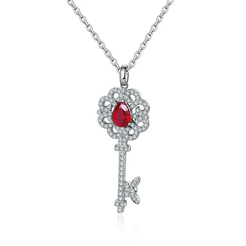 18K White Gold 1.1ct Pear-Shaped Lab Ruby Open Heart Key Pendant Necklace for Women - Elegant Fashion Jewelry for Valentine's Day, Anniversary & Romantic Gifts