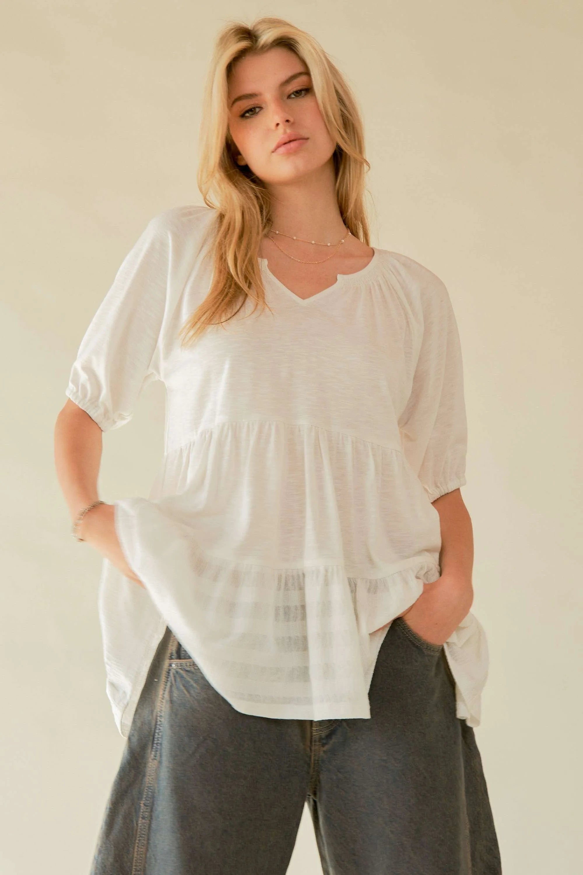 Boho White Ruffled Flare V-Neck Blouse for Women - Beachy Summer Top for Vacation, Date Night & Casual Outings