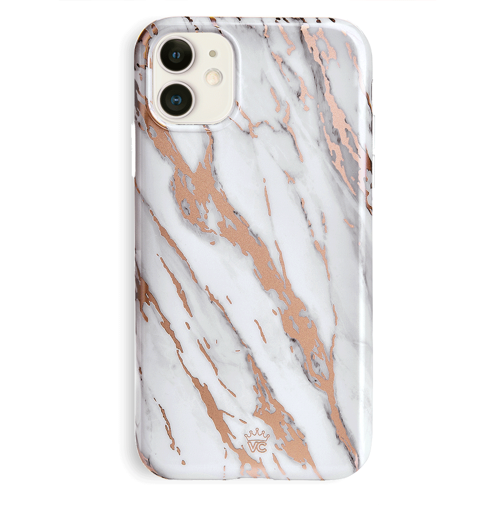 Elegant White Marble with Rose Gold Chrome iPhone Case - Slim Protective Cover for iPhone 13/14/15 Pro Max | Perfect for Everyday Use, Office & Travel