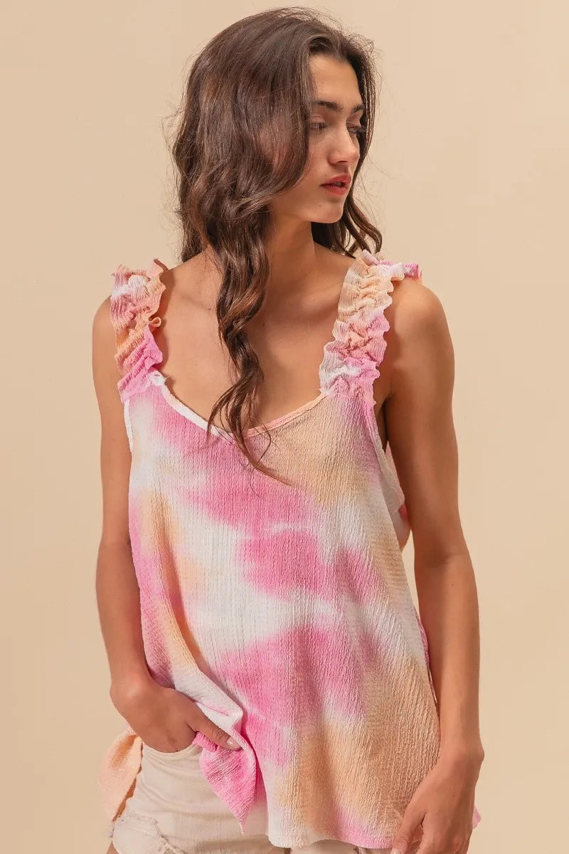 BiBi Tie Dye Printed Textured Woven Ruffled Blouse - Stylish Boho Chic Top for Women, Perfect for Summer Festivals, Beach Vacations & Casual Outings