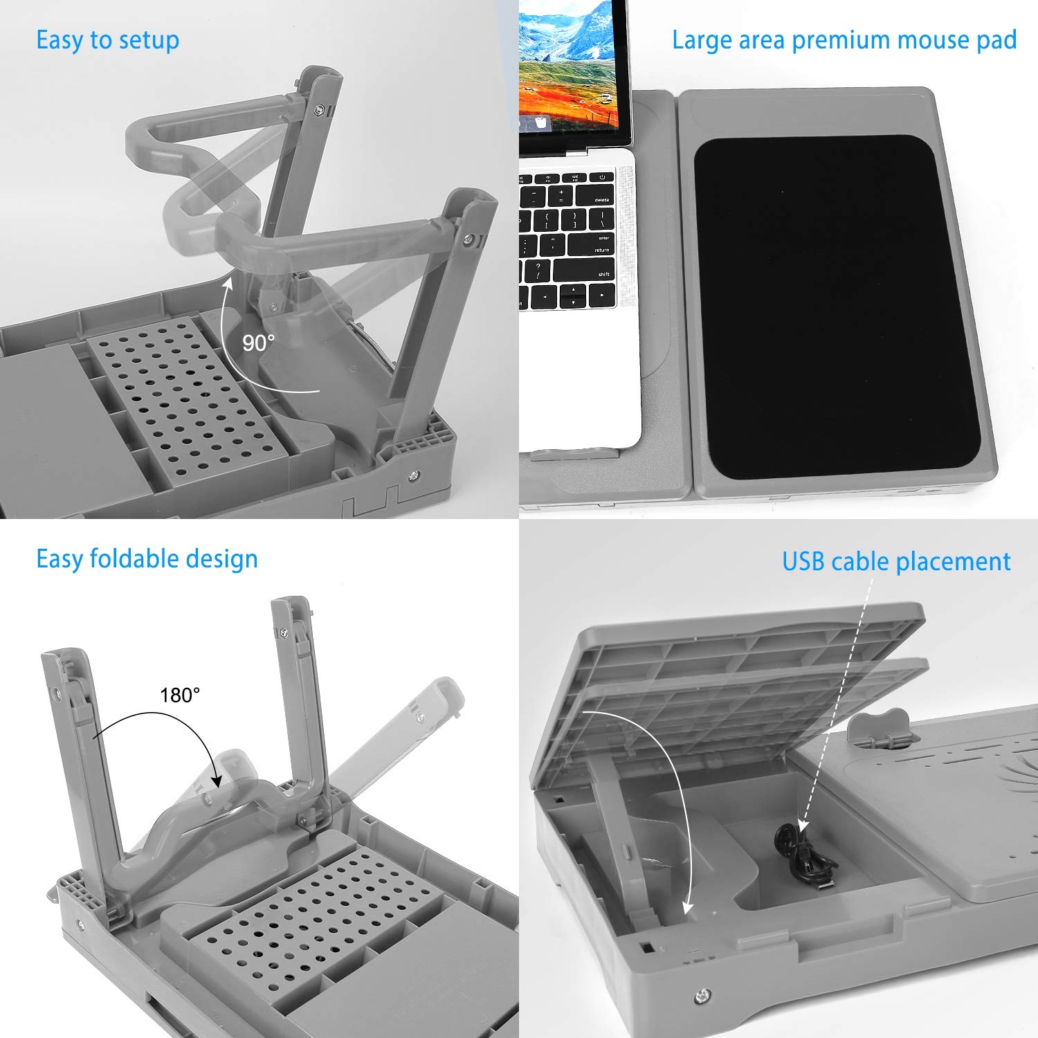 Adjustable Laptop Table for Bed with Cooling Fan, 4 USB Ports & LED Light - Foldable Portable Lap Desk for Sofa, Couch or Bed - Includes Storage Drawer & Mouse Pad (Grey) - Perfect for Home Office, Gaming & Streaming in Bed