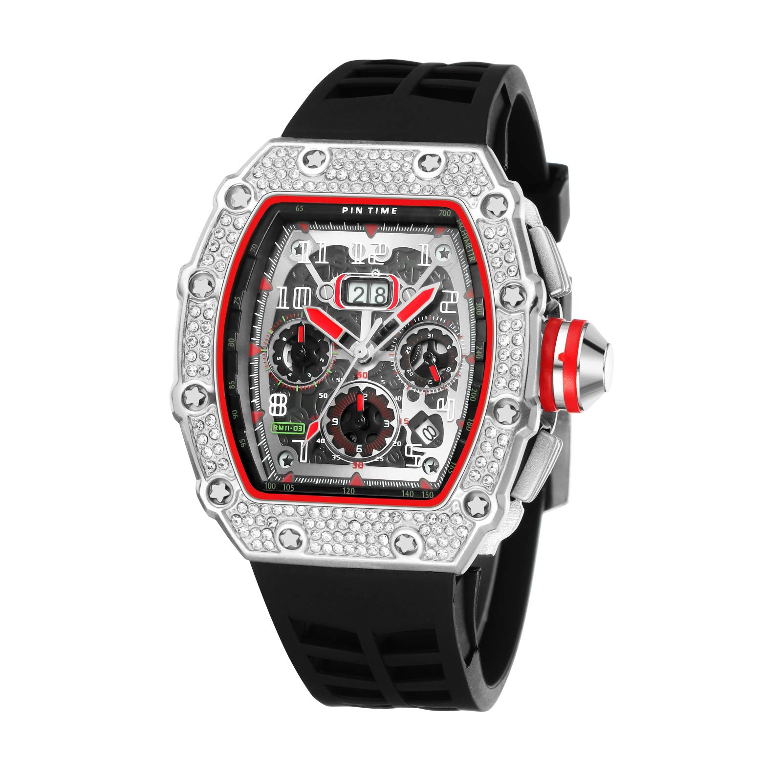 YXBQUEEN Men's Stainless Steel Diamond Chronograph Watch - Sporty Analog Quartz Timepiece with Big Rectangle Face - Perfect for Business, Casual & Punk Fashion Wear