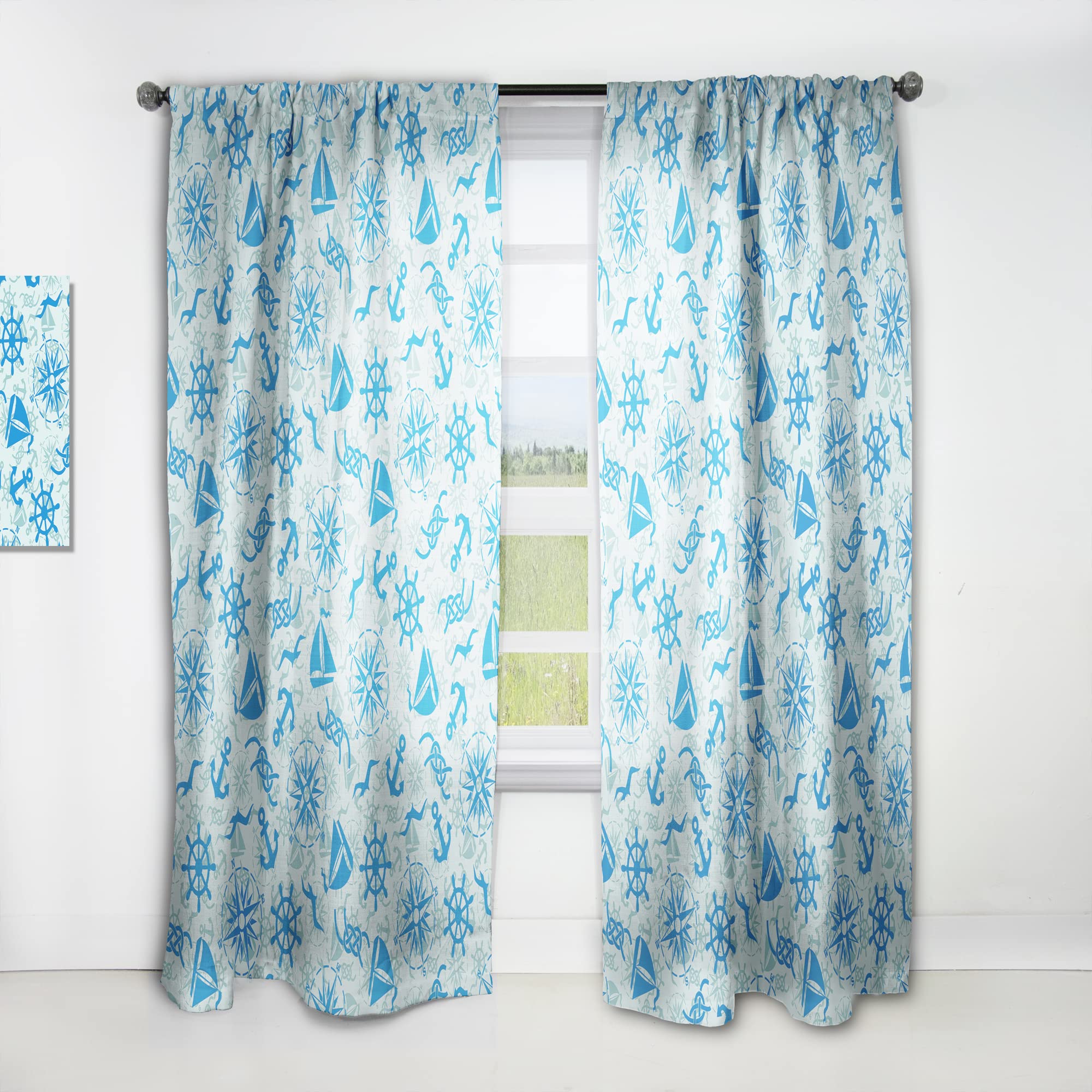 DesignQ Nautical Theme Blackout Curtains - Marine Sign, Compass, Anchor & Ship Wheel Print - Thermal Insulated Single Panel (52x90 inches) for Bedroom & Living Room - Perfect for Coastal Decor & Home Theater Light Blocking