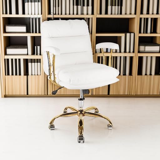 Ergonomic Office Desk Chair with Wheels & Adjustable Arms - Faux Leather Computer Chair for Home, Bedroom & Office - White Chair with Gold Casters (300lb Weight Capacity) - Perfect for Long Work Hours, Gaming & Study Sessions