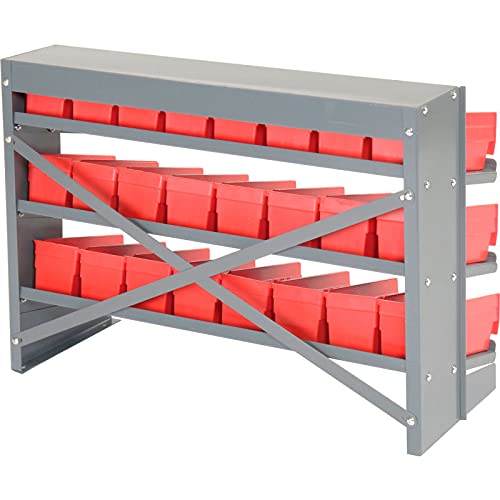 Global Industrial 3-Shelf Storage Bench Rack with 24 Red 4-Inch Wide Bins - 33x12x21 Inches - Perfect for Workshop, Garage & Retail Organization