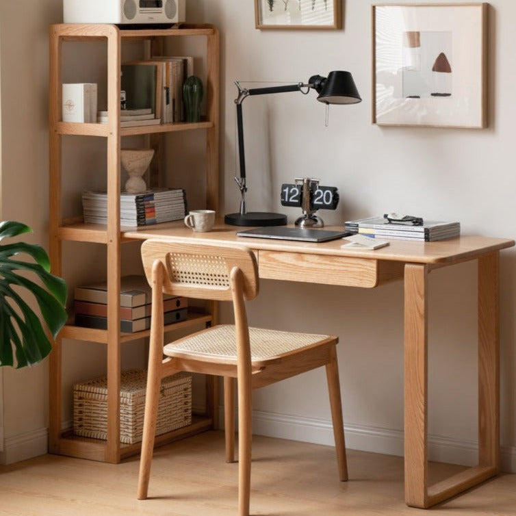 Solid Oak Wood Office Desk with Single Leg & Built-in Bookshelf - Modern Home Office Furniture for Work and Study