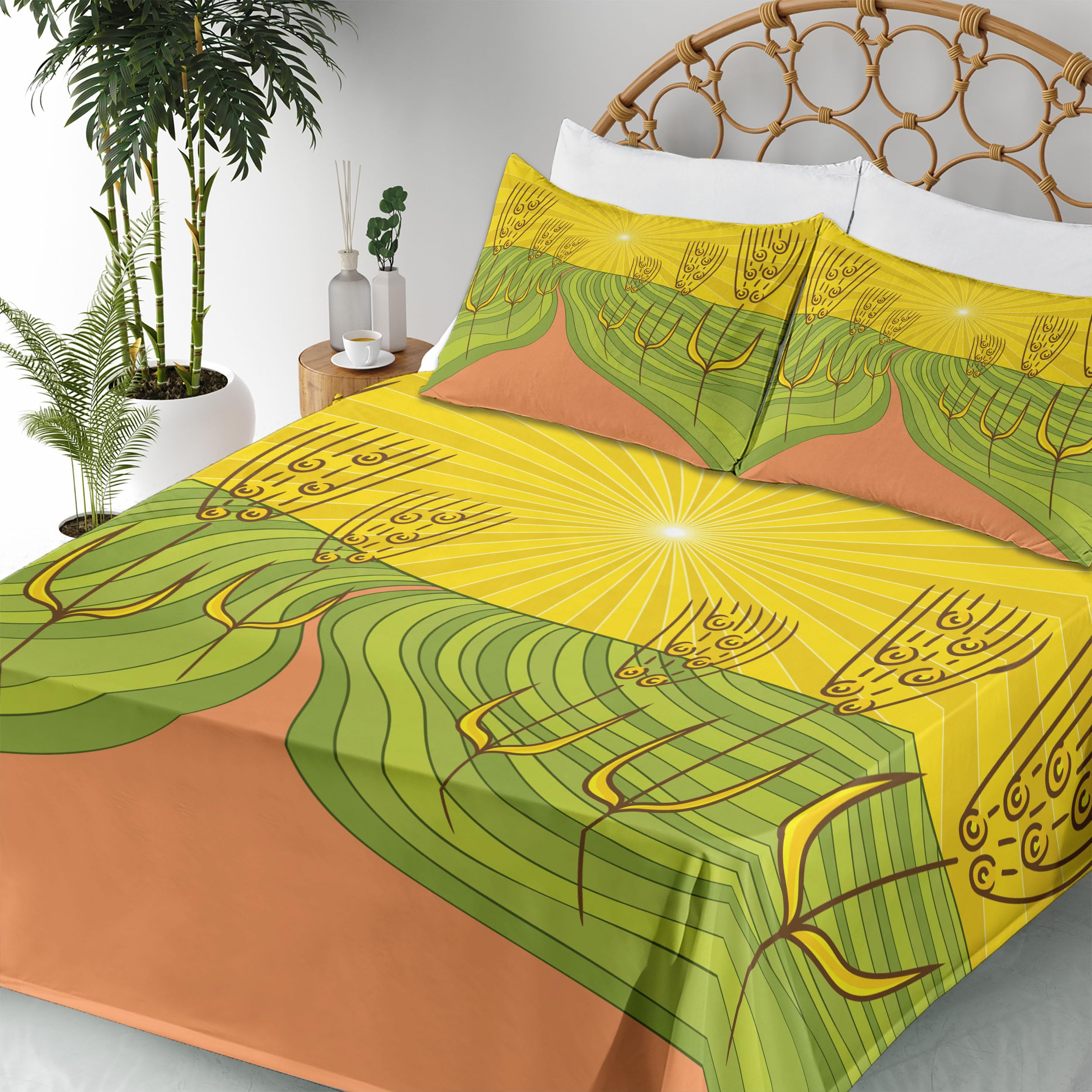 Ambesonne County Farmhouse Sheet Set - 4 Piece King Size Bedding with Agriculture Themed Farmland Design, Starburst Lines & Wheat Motifs in Burnt Sienna Yellow - Perfect for Rustic Bedrooms, Farmhouse Decor & Cozy Countryside Retreats
