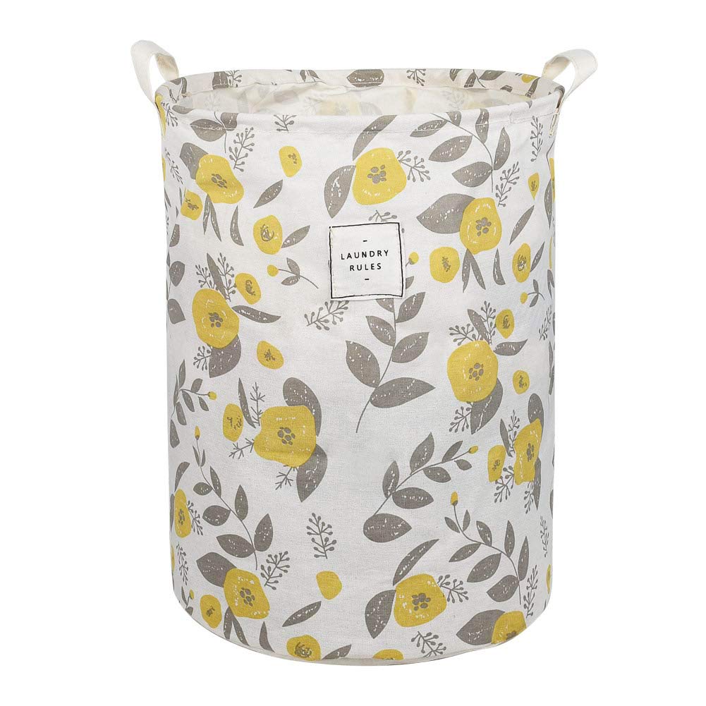 UUJOLY Foldable Laundry Basket with Handles - Waterproof Collapsible Laundry Hamper for Home & Travel - 19.7x15.7 Inch Cotton Linen Storage Organizer (Yellow) - Perfect for Bedroom, Bathroom, Dorm & Camping
