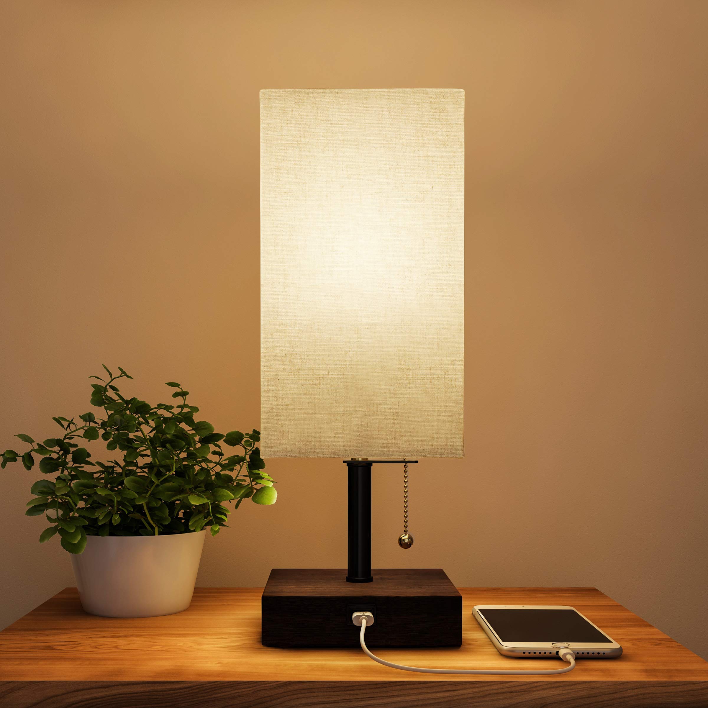 Modern USB Rectangle Desk Lamp with Wood Base - Energy Efficient LED Light for Home Office, Bedroom & Living Room - Stylish Task Lighting for Reading, Working & Relaxing