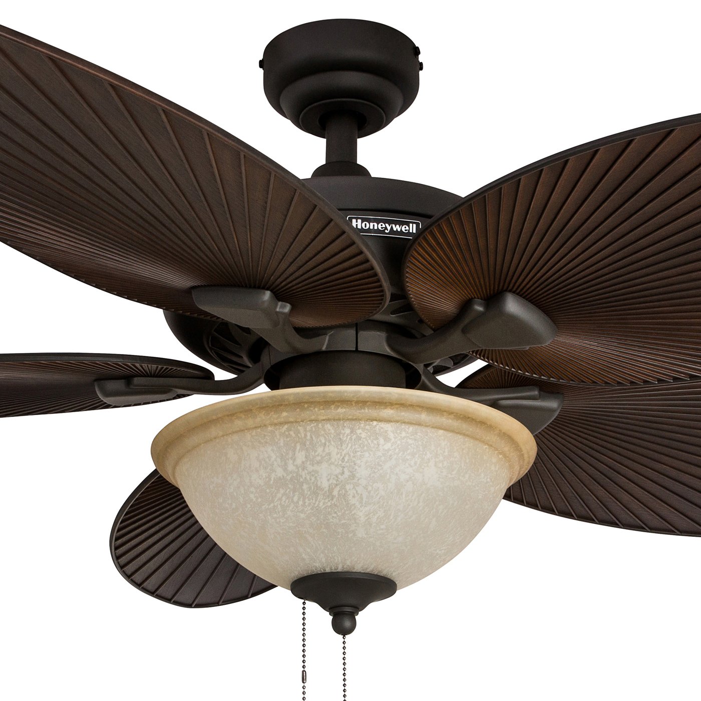 Honeywell 52 Inch Indoor/Outdoor Ceiling Fan with Light - Tropical Palm Leaf Blade Design, LED Lighting, Pull Chain Control, Dual Mount, ETL Damp Rated, Bronze Finish (Model 50202-01) - Perfect for Patio, Bedroom, Living Room and Tropical-Themed Spaces