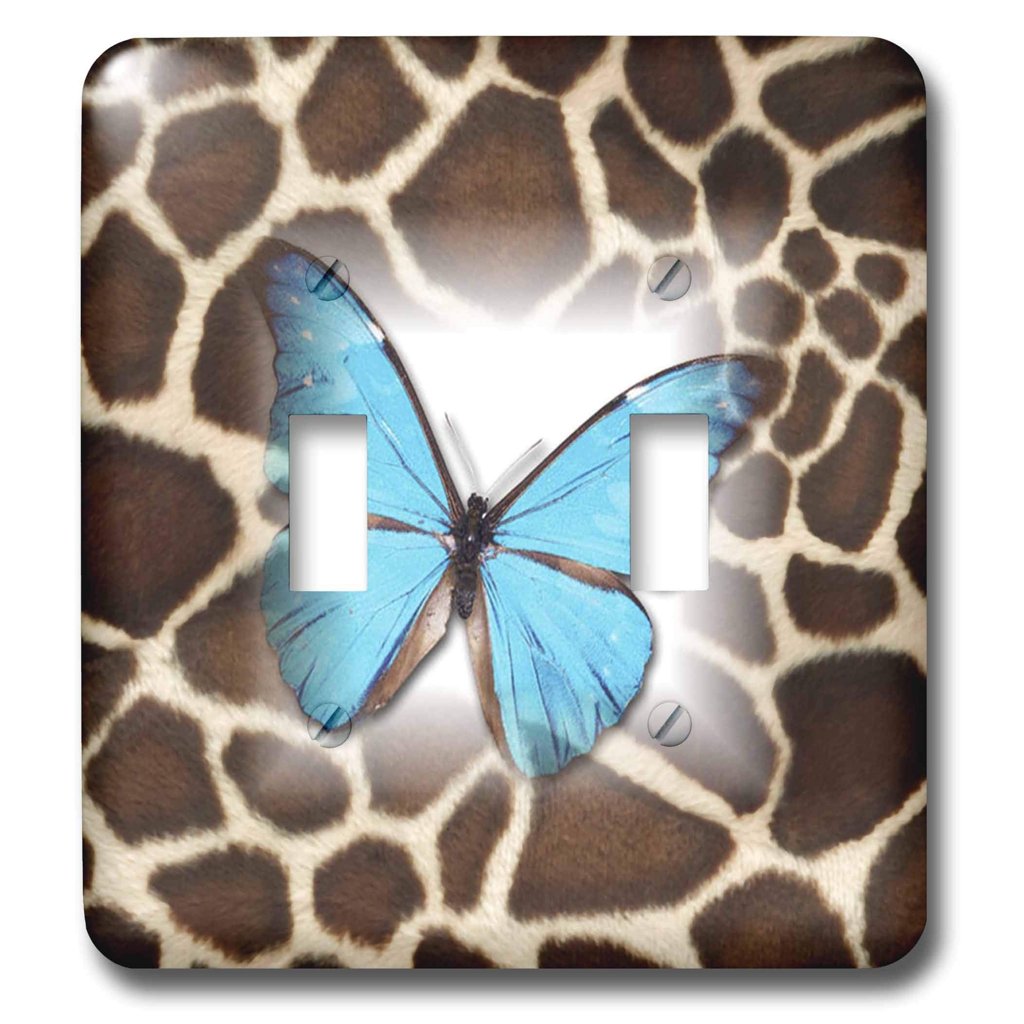 3D Rose Turquoise Butterfly on Giraffe Fur Double Toggle Switch - Decorative Wall Switch Cover for Home, Bedroom, Nursery & Office Decor