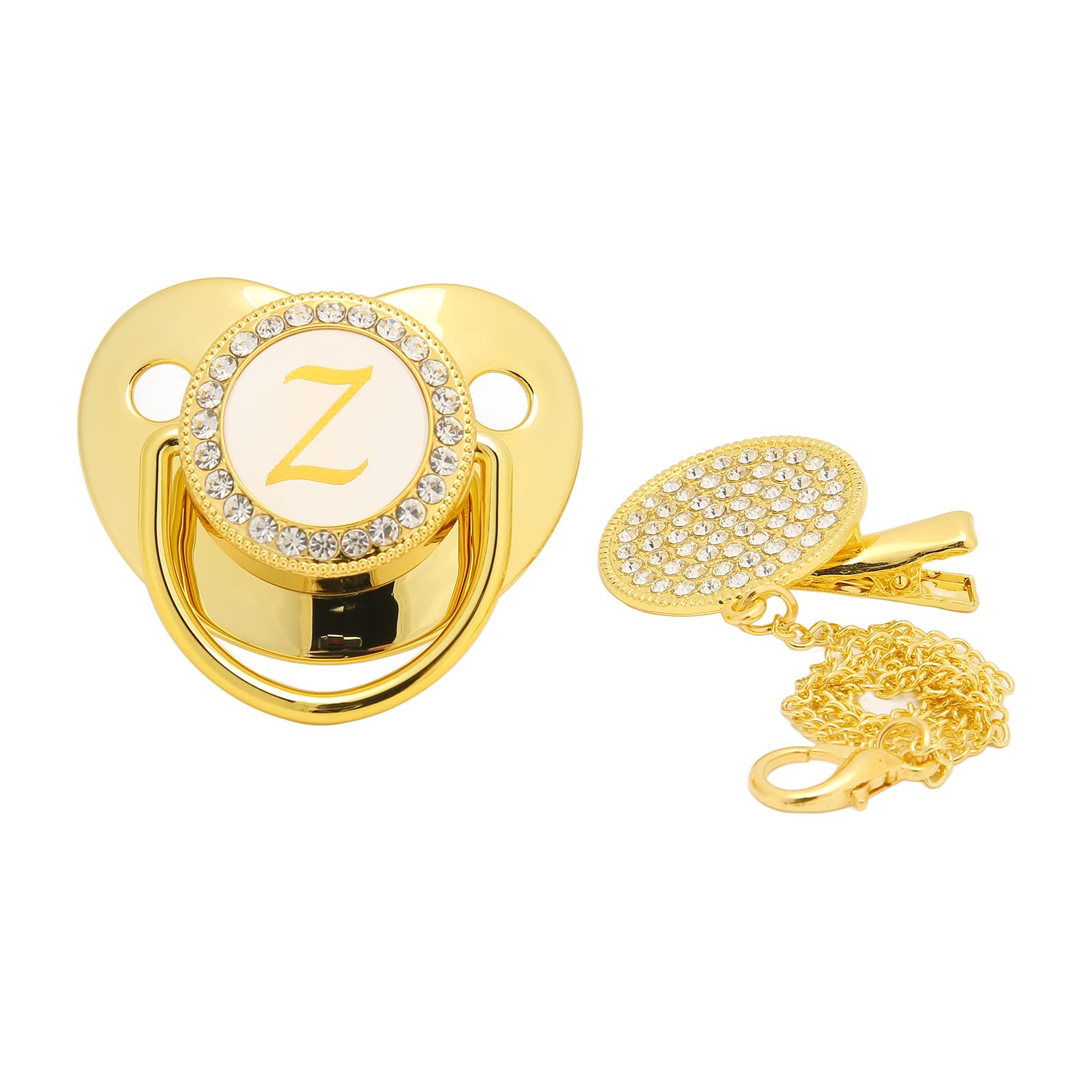 Drfeify Baby Pacifier - Golden Curved Design with 26 Letters & Chain Clip for Newborns | Soothing Teething Relief for Infants 0-6 Months | Perfect for Daycare, Travel & Sleep Time