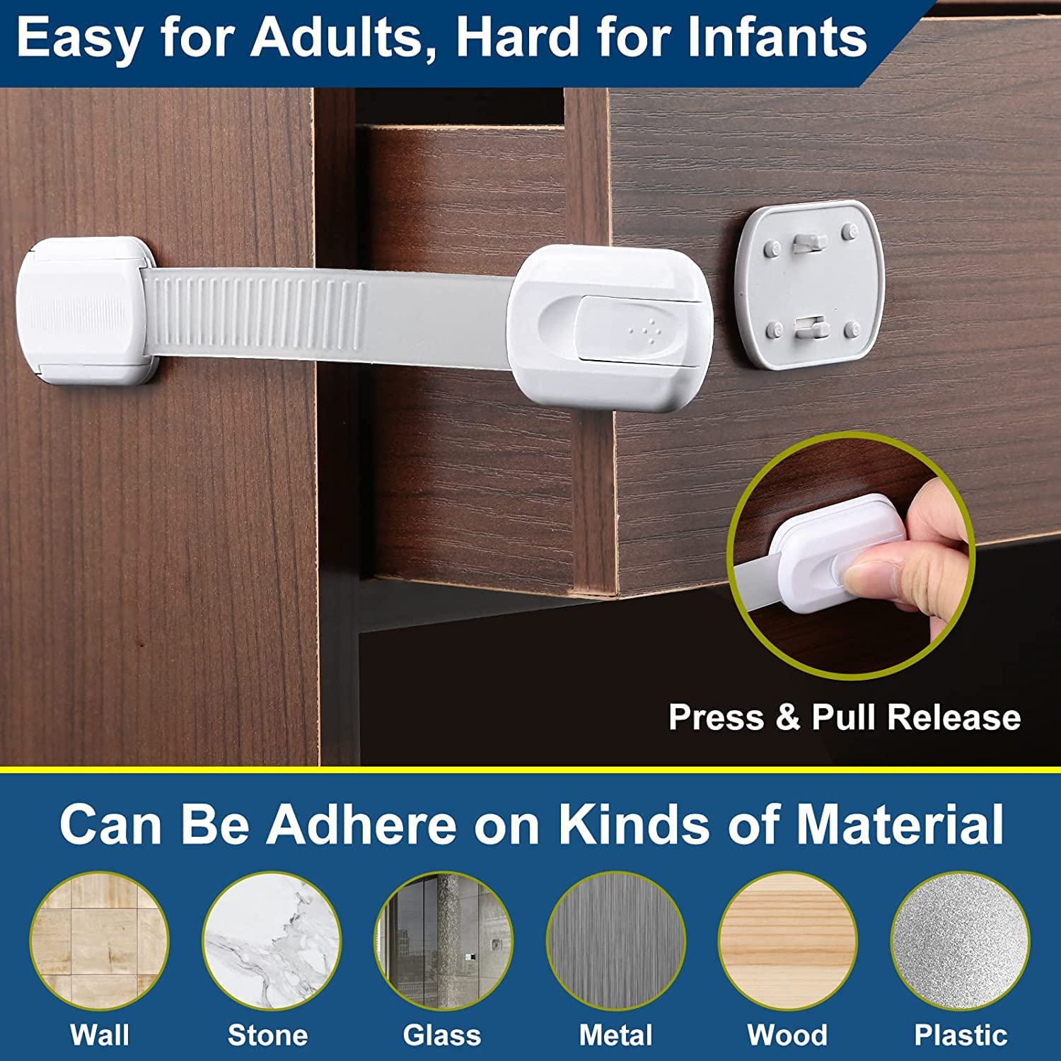 8 Pack Baby Safety Locks - Child Proof Cabinet Locks with 3M Adhesive (No Screws Needed) for Drawers, Cupboards, Oven & Toilet Seat - Secure Your Home for Toddlers & Crawling Babies