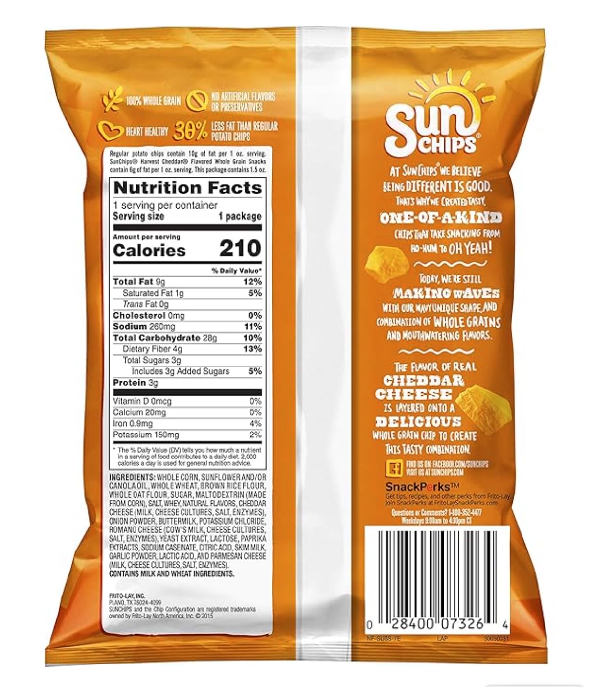 SunChips Harvest Cheddar Flavored Multigrain Snacks - 1.5oz Bags (Pack of 16) | Healthy Baked Whole Grain Chips | Perfect for Lunchboxes, Picnics & Party Snacks