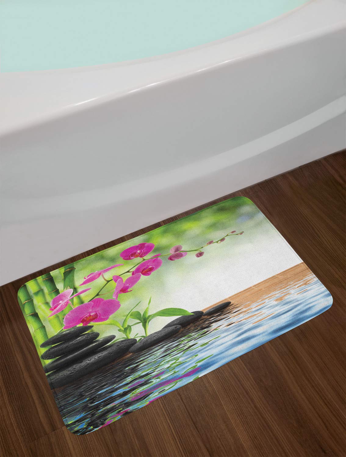 Ambesonne Non-Slip Plush Bath Mat with Orchid & Greenery Design - 30