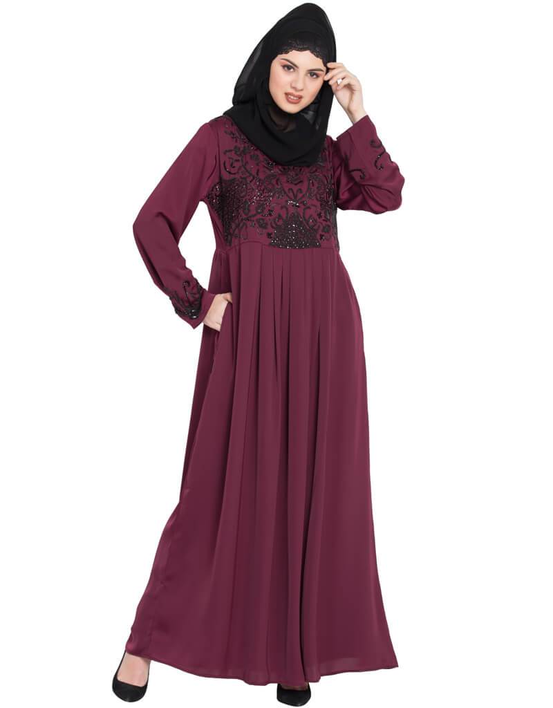 Elegant Arabic Hand Embroidered Abaya Dress for Wine Parties - Perfect for Evening Events, Weddings & Special Occasions