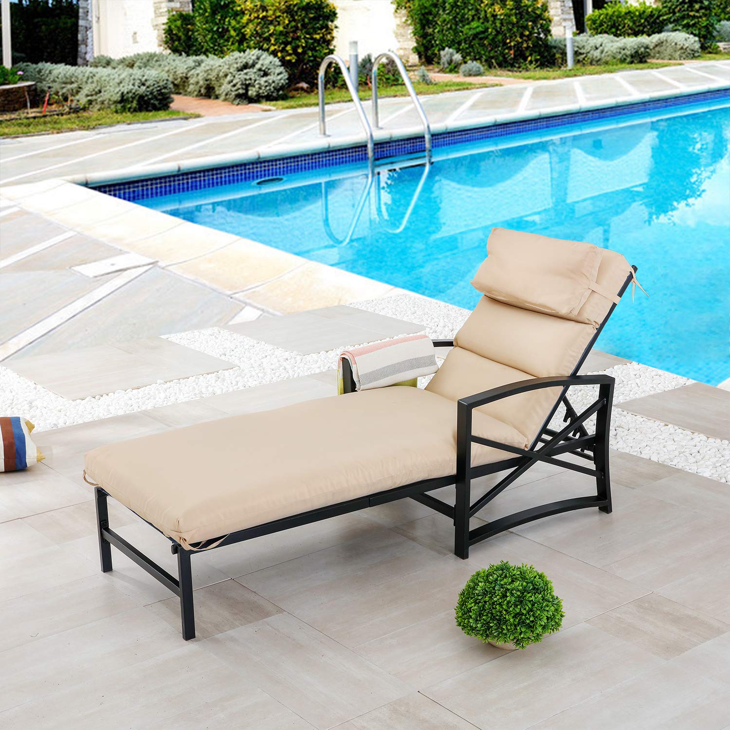 Premium Outdoor Chaise Lounge Recliner Chair with Cushion - Heavy Duty Metal Frame, Weather-Resistant Fabric, Adjustable Backrest & Soft Headrest - Perfect for Patio, Poolside, Garden, and Backyard Relaxation (Khaki)