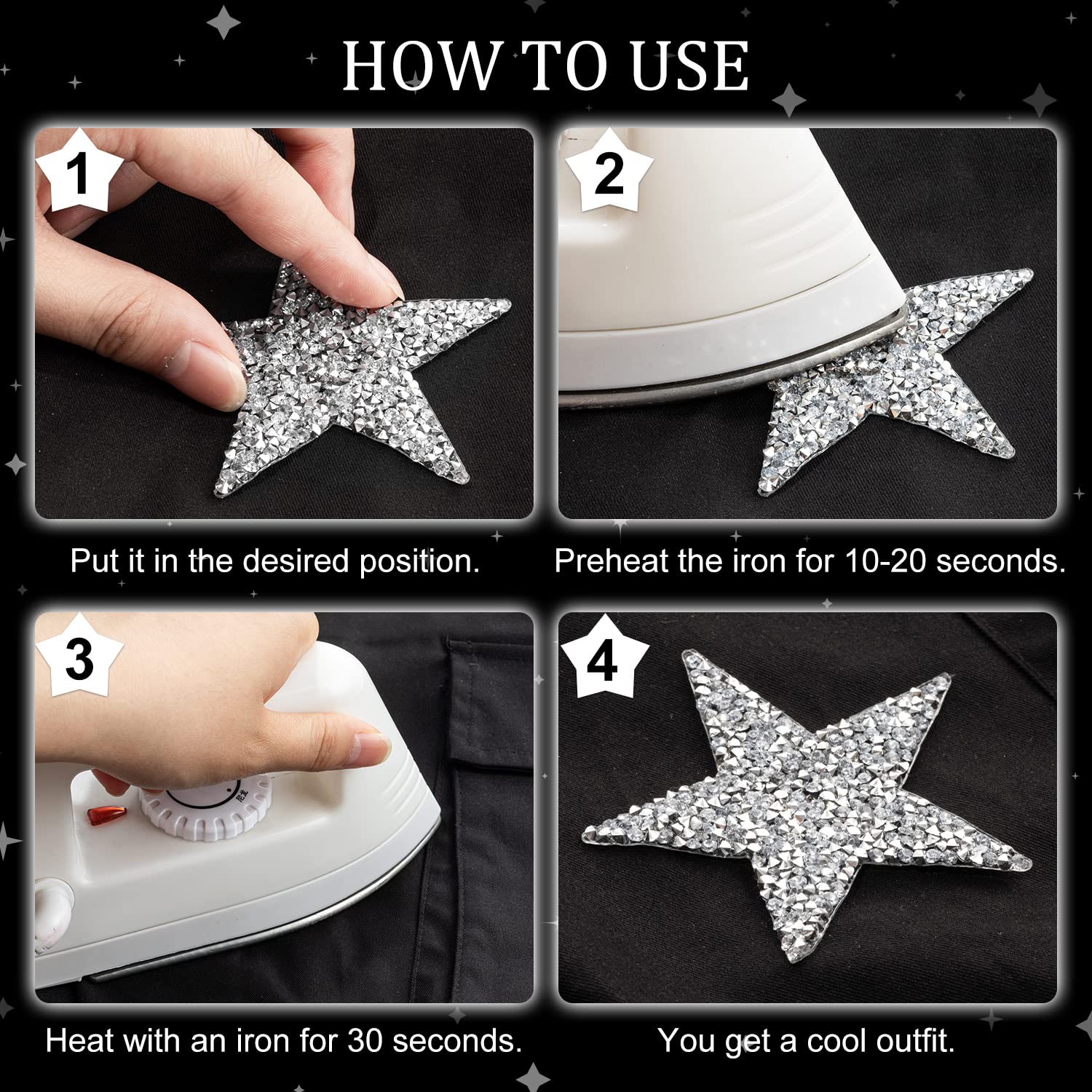 60 Pcs Silver Star Iron-On Patches - Glitter Rhinestone Appliques for Clothing, Jeans, Bags & Hats - DIY Repair & Decoration (4 Sizes) - Perfect for Costumes, Fashion Upgrades & Craft Projects