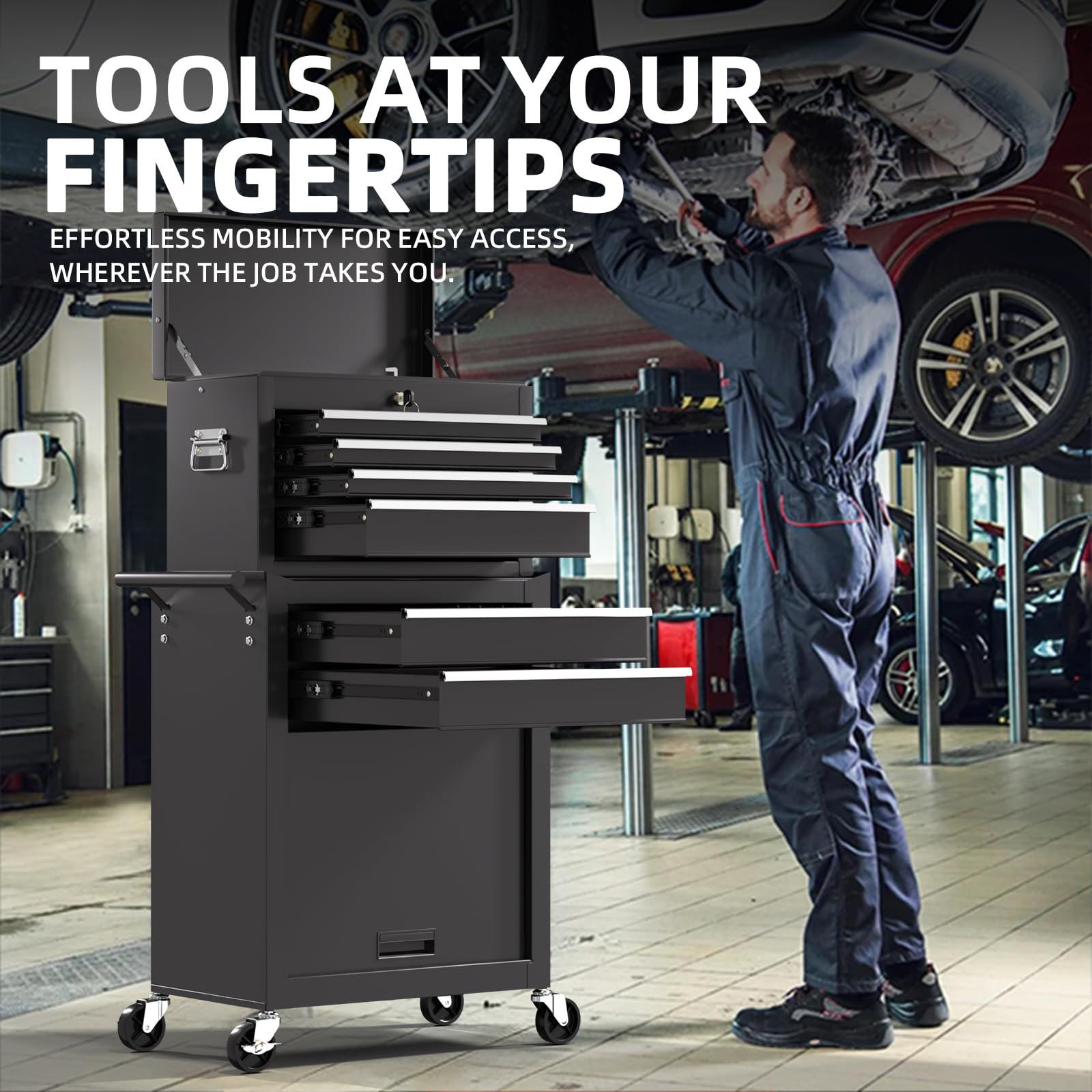 6-Drawer Black Rolling Tool Chest - 2-in-1 Lockable Metal Tool Cabinet with Removable Drawers & Wheels for Mechanics, Garage & Workshop | Heavy-Duty Tool Storage for Automotive Repair & DIY Projects