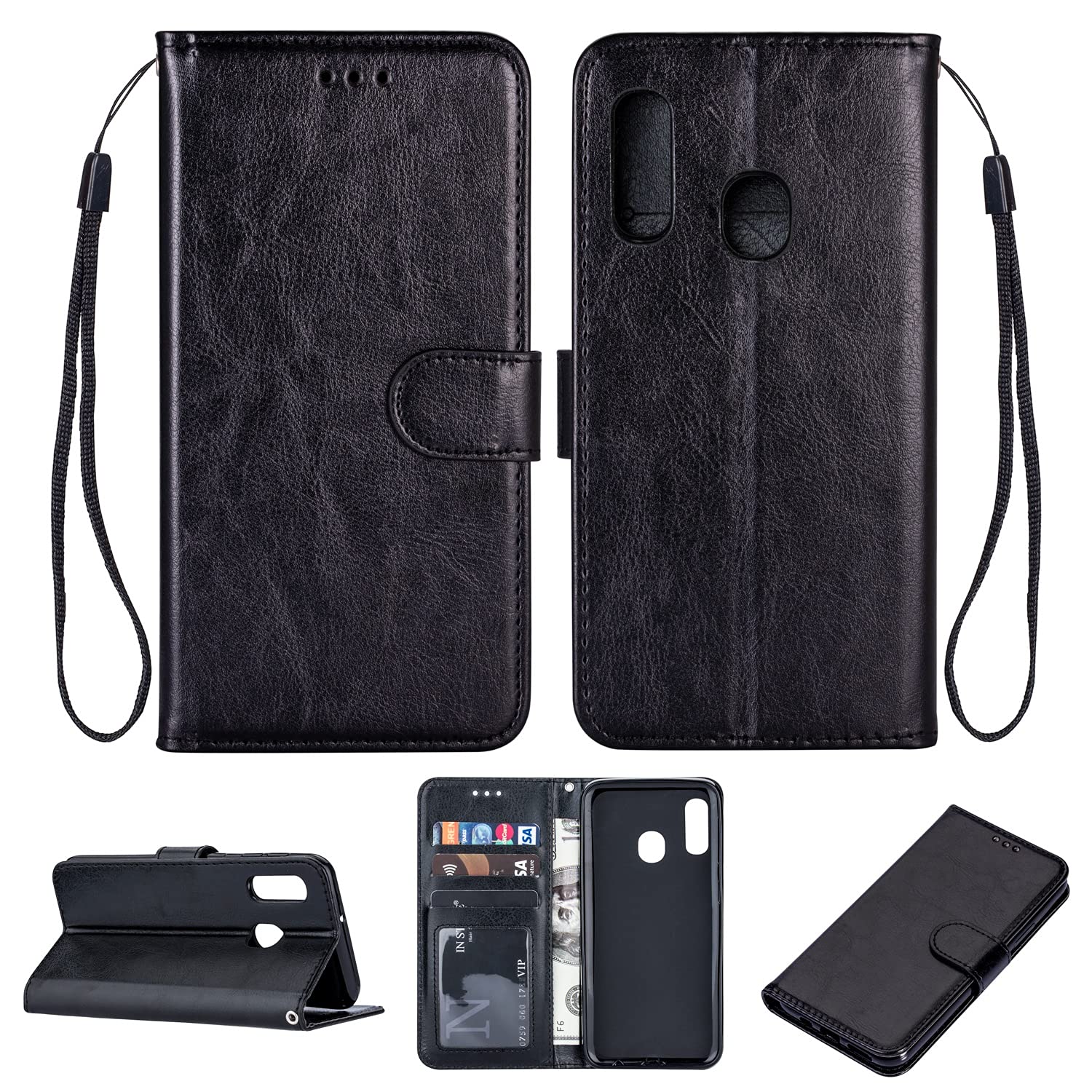Premium PU Leather Flip Wallet Case for Samsung Galaxy M30 - Magnetic Closure, Card Holder & Wrist Strap | Slim Protective Cover with Stand Function | Perfect for Work, Travel & Everyday Use (Black)