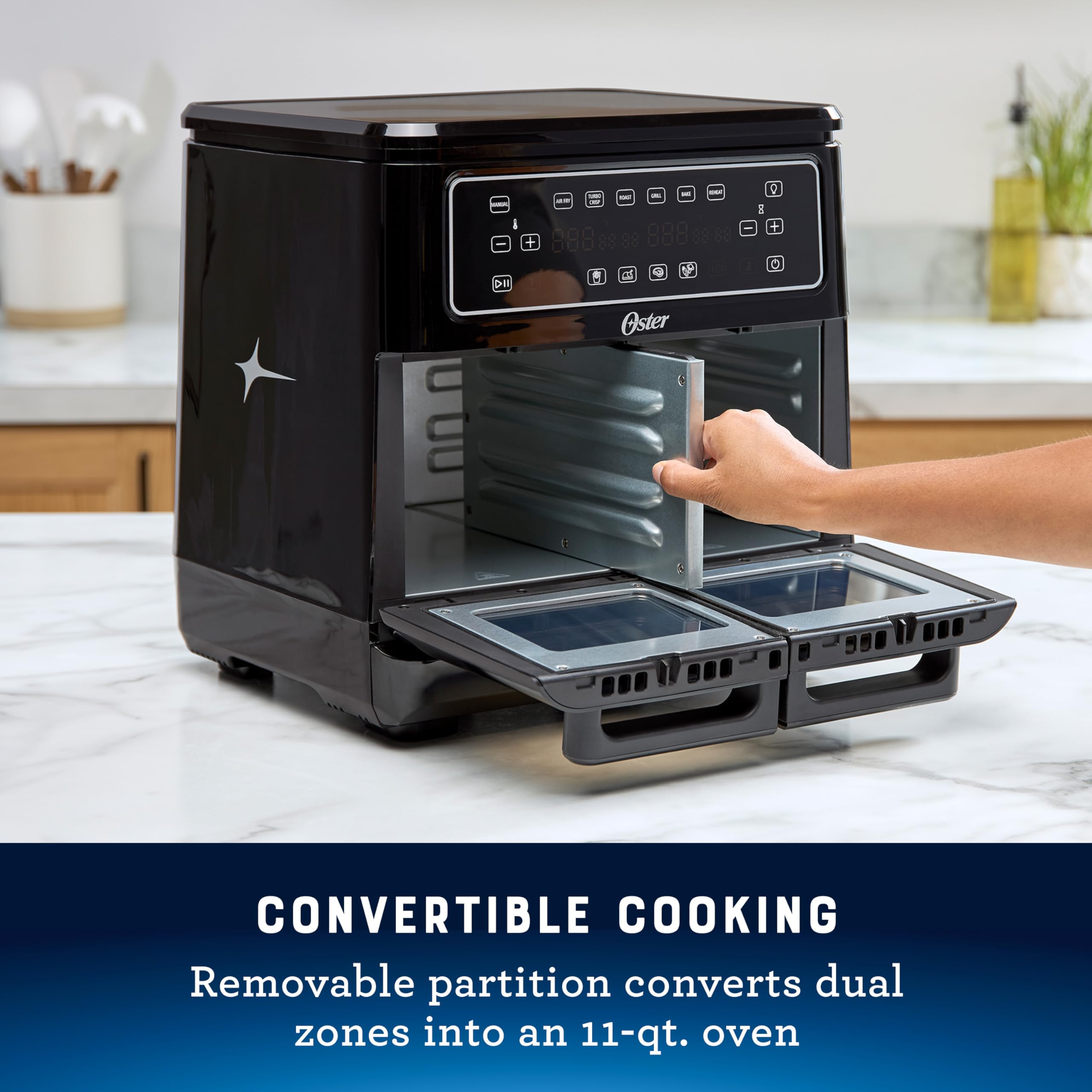 Oster 11-Quart Flex Air Fryer Oven - Dual Zone Air Fryer with 6 Cooking Functions & 2 Baskets - Large Capacity Countertop Air Fryer for Healthy Frying, Baking, Roasting - Perfect for Family Meals & Party Snacks