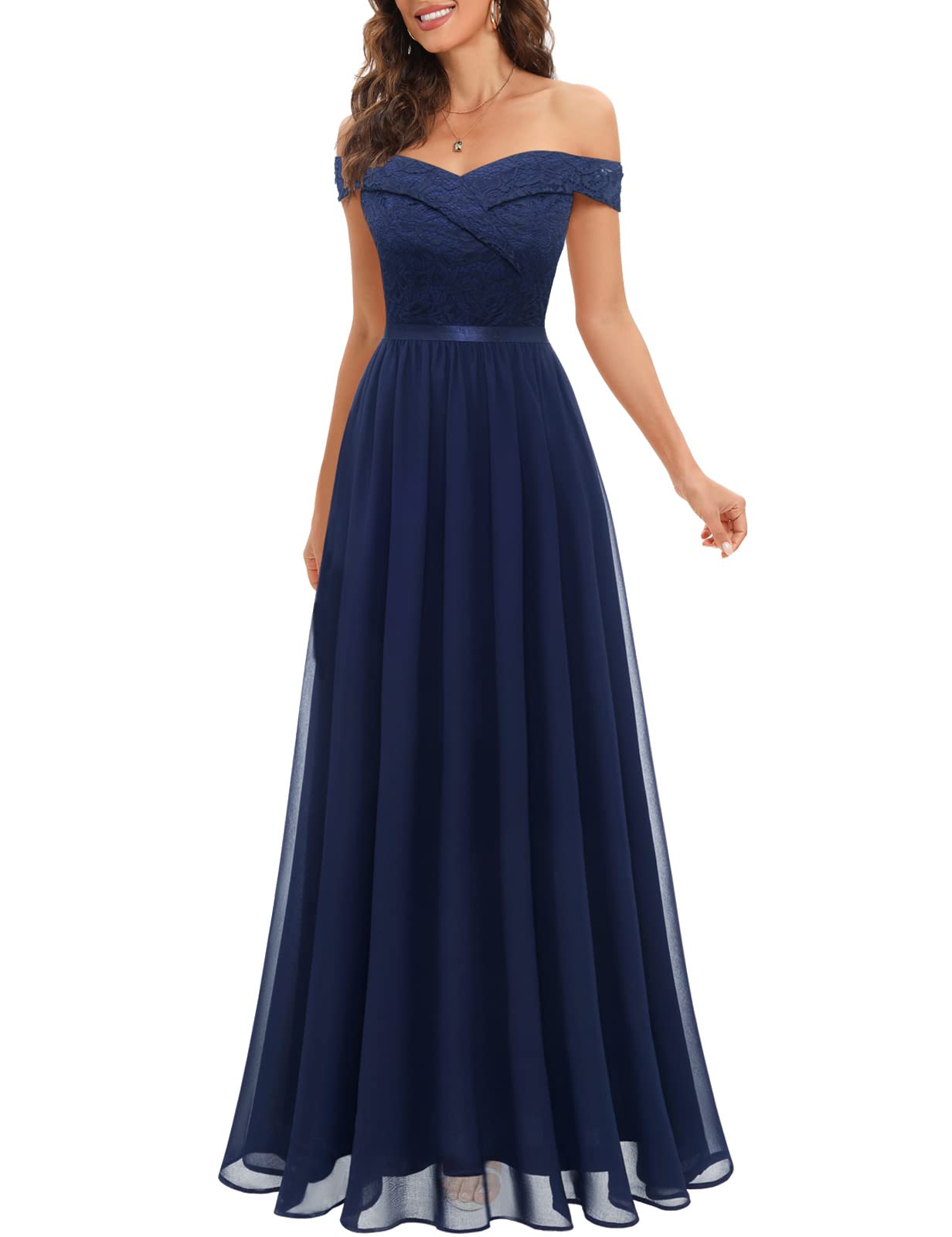Elegant A-Line Off Shoulder Lace Bridesmaid Dress for Women - Floral Chiffon Wedding Party Gown for Bridal Shower, Formal Events & Special Occasions