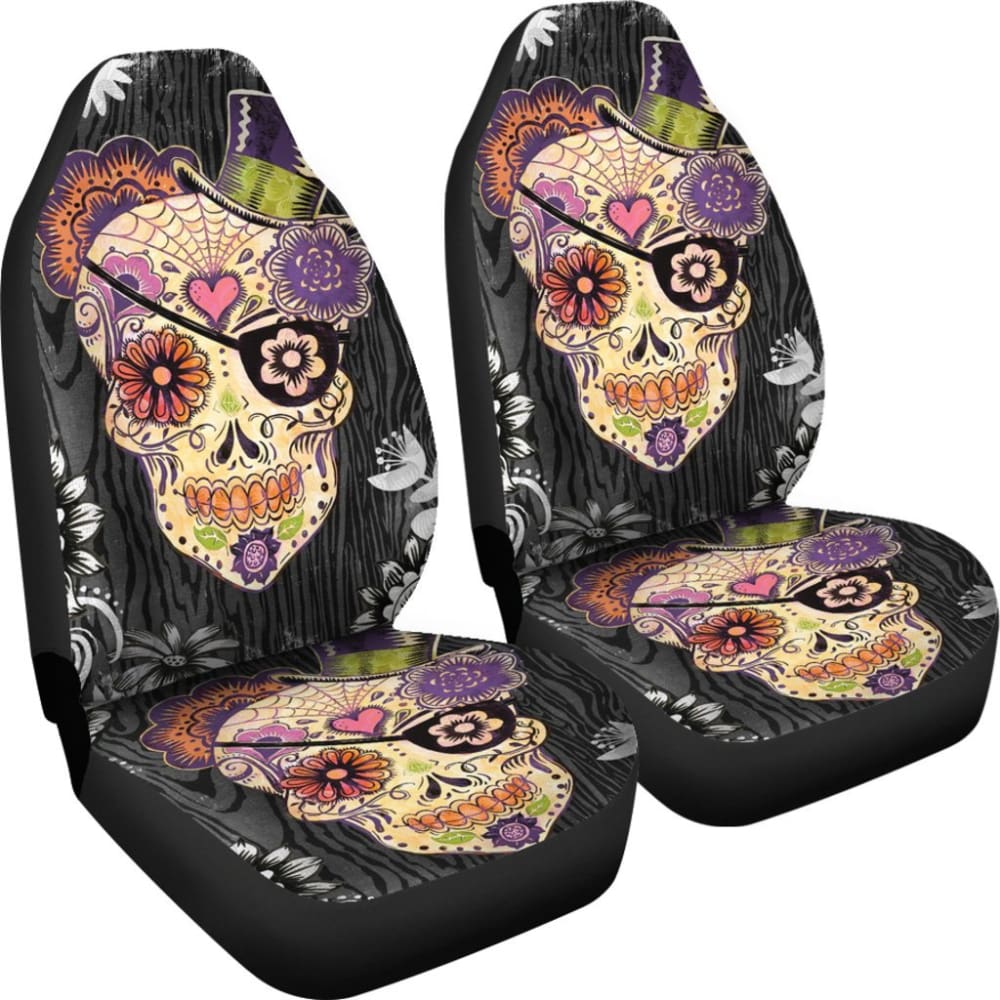 2 Pcs Sugar Skull Car Seat Covers - Halloween Decor Car Accessories for Dia de Los Muertos - Protect Your Seats in Style | Perfect for Cars, Trucks & SUVs