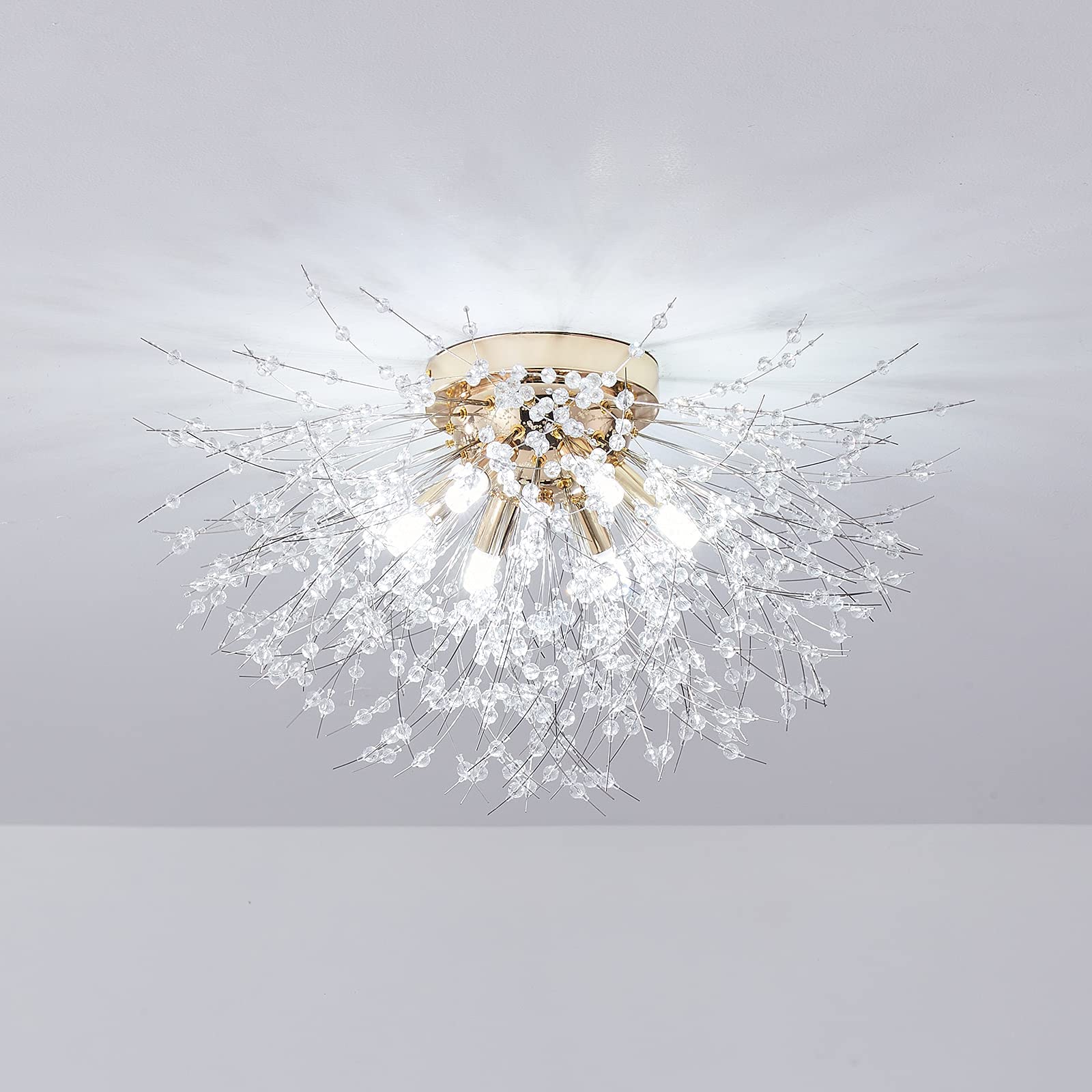 DNYSYSJ Gold Firework Chandeliers - 6-Light LED Crystal Ceiling Light Fixture with Chrome Finish, Stainless Steel Pendant Lamp for Dining Room, Kitchen, Office (10-15m² Coverage) | Elegant Lighting for Home Decor, Wedding Venues & Restaurant Ambiance