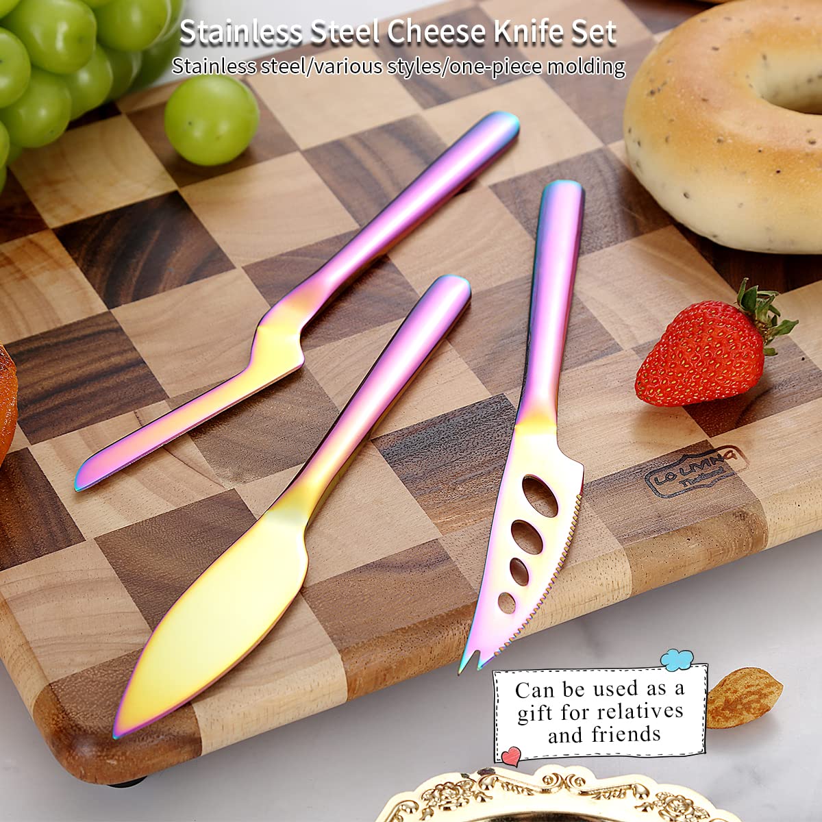 Kyraton 3-Piece Rainbow Cheese Knife Set - Ergonomic Titanium Plated Cheese Slicer, Butter Knife & Cheese Cutter for Hard & Soft Cheeses - Perfect for Charcuterie Boards, Wine Parties & Gourmet Cooking