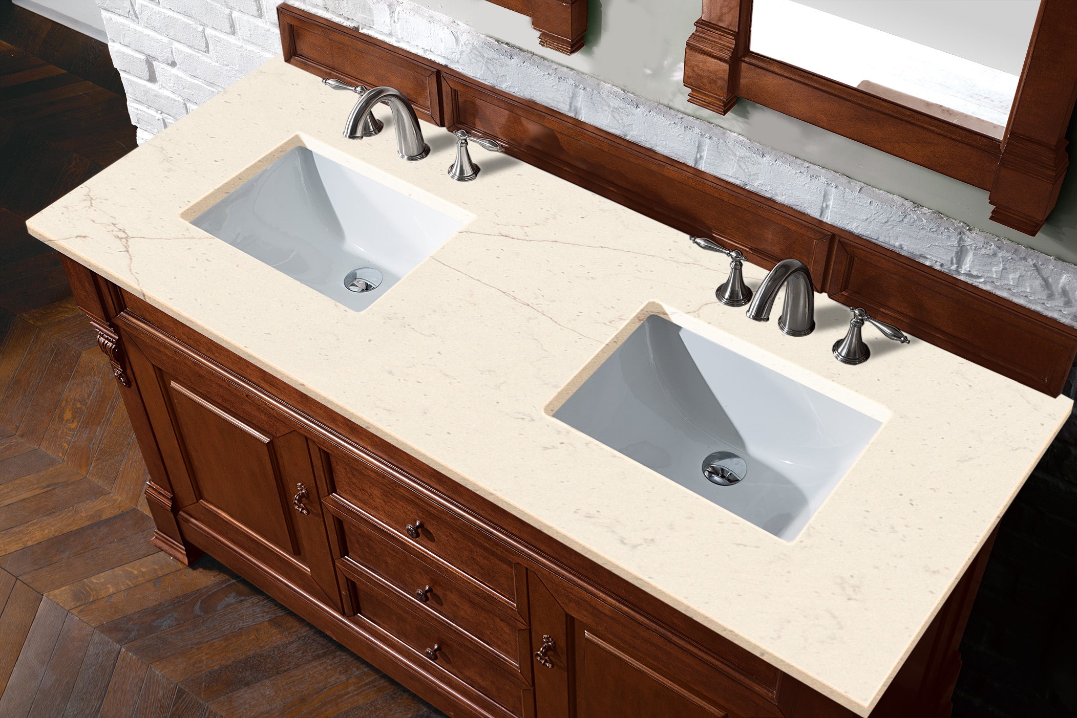 Brookfield 60-Inch Double Vanity with Warm Cherry Finish & 3CM Eternal Marfil Quartz Top - Perfect for Master Bathroom & Luxury Home Renovation