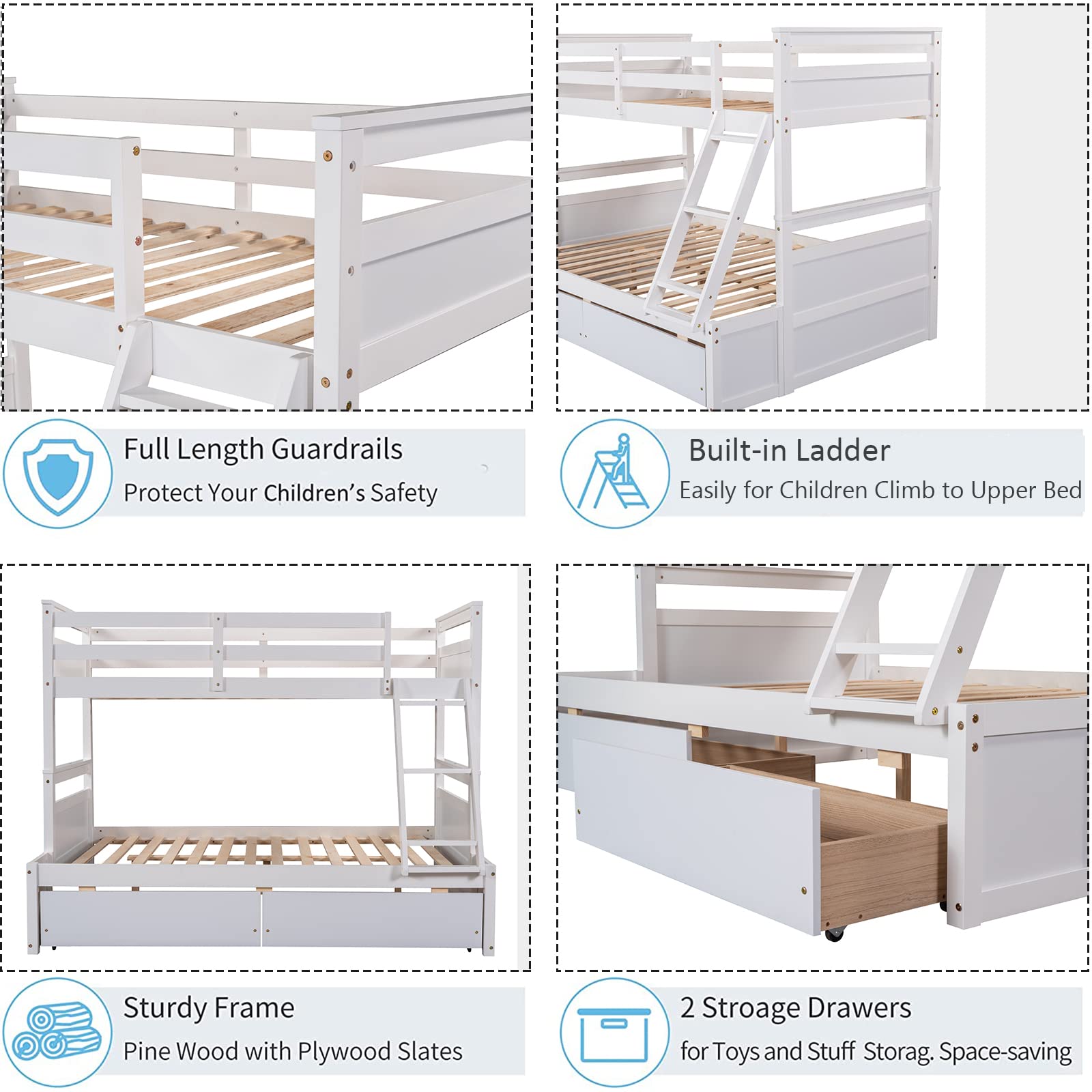 **CITYLIGHT Twin Over Full Bunk Bed with Storage Drawers - Convertible Wood Bunk Bed for Kids, Teens & Adults - No Box Spring Needed - White - Ideal for Small Bedrooms, Guest Rooms & Dormitories**