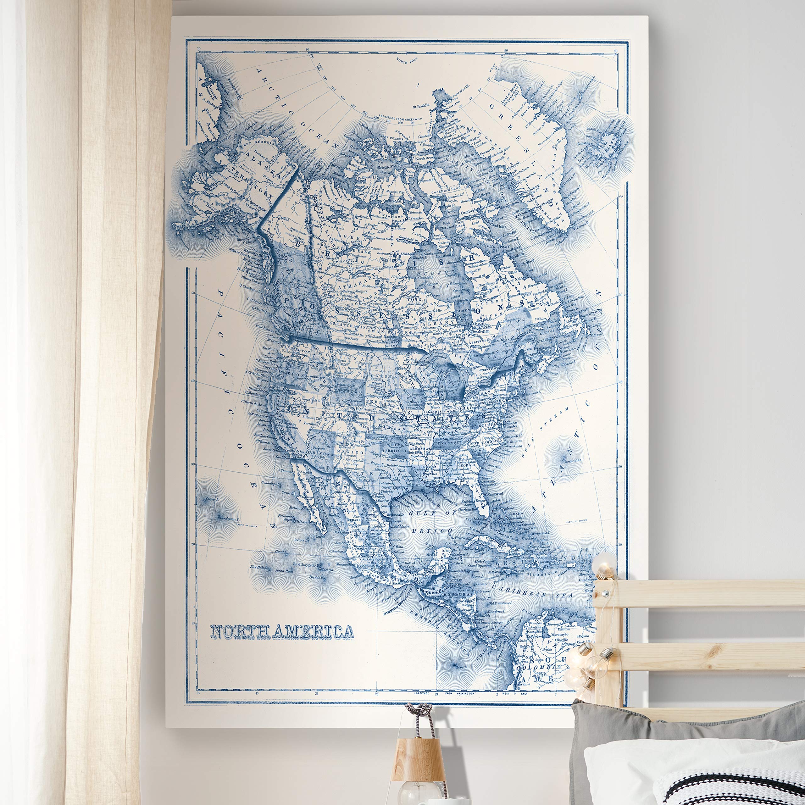 North America in Shades of Blue Gallery Wrapped Canvas Wall Art - Stunning Blue Map Decor for Living Room, Office & Bedroom - Perfect Home & Gift Idea