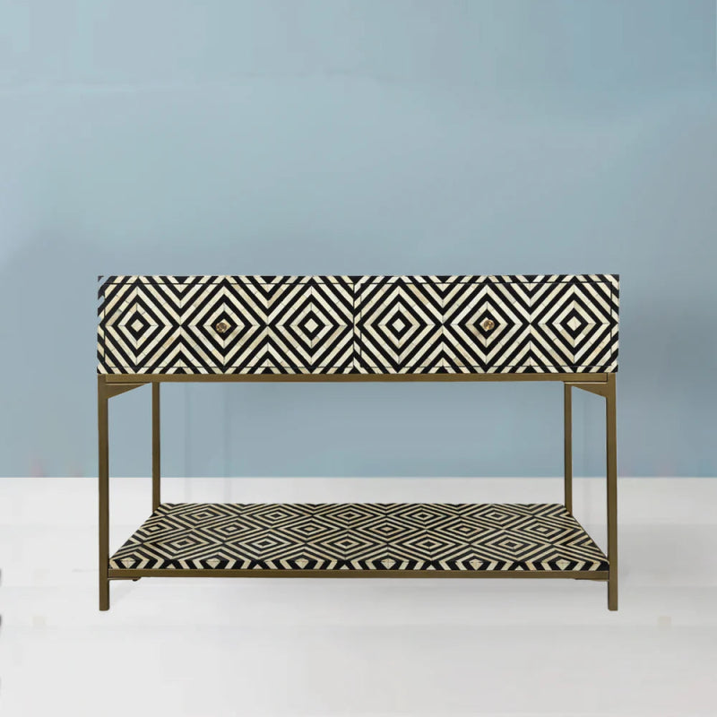 Handmade Bone Inlay Black and White Console Table - Classic Design Hallway Entryway Table with 2 Drawers for Living Room, Foyer & Home Decor