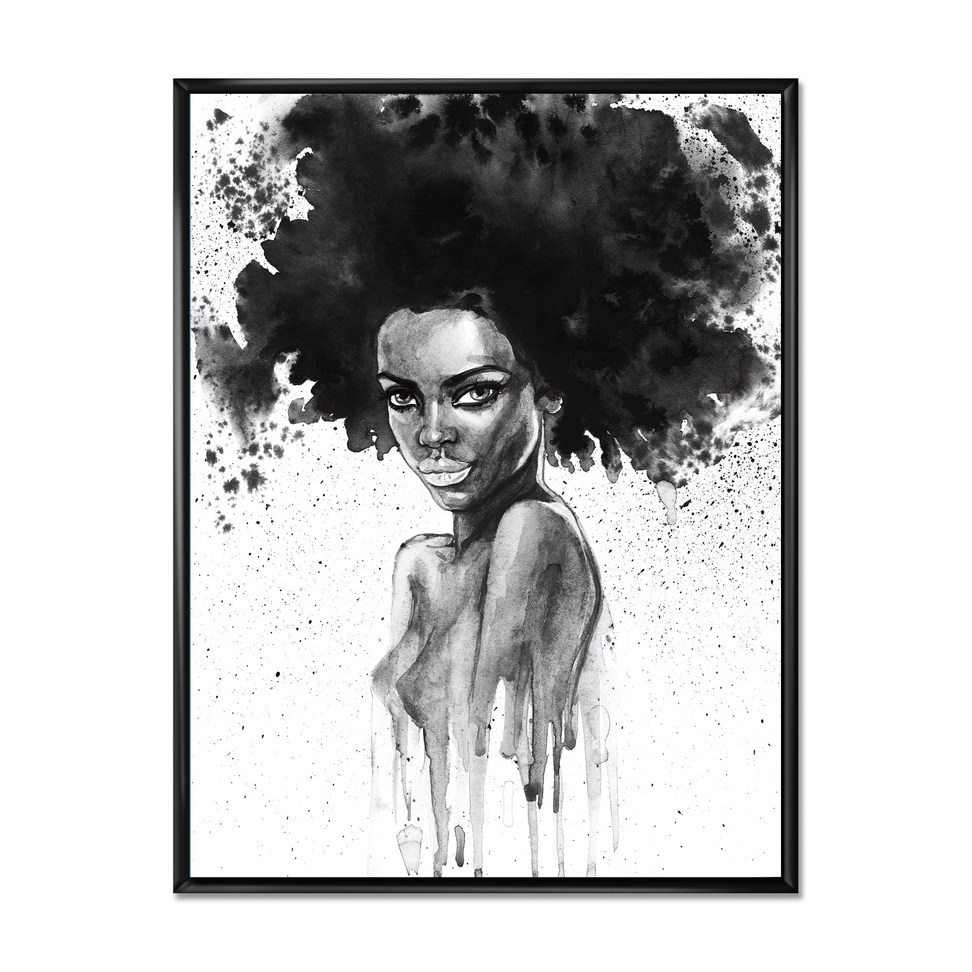 DesignQ Black and White African American Woman Portrait III - Modern Framed Canvas Wall Art Print for Living Room, Bedroom & Office Decor