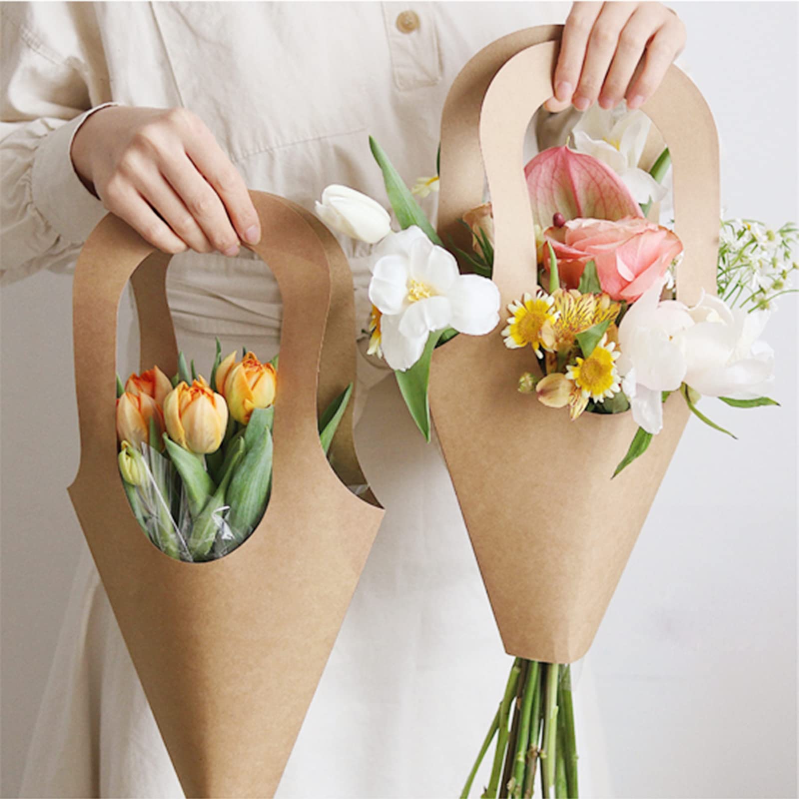 20pcs Kraft Paper Flower Gift Bags with Handles - Small Size Bouquet Wrapping Bags for Wedding, Baby Shower & Home Decoration - Eco-Friendly Gift Packaging for Parties & Events