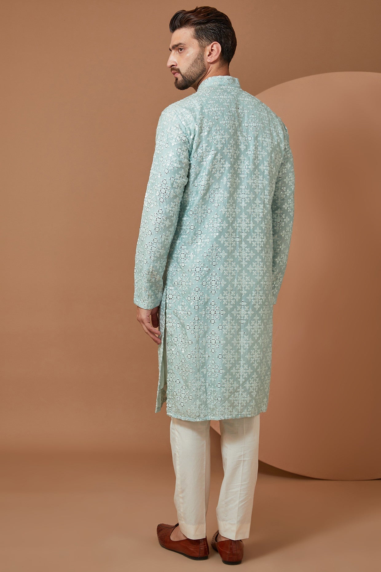 Stylish Ice Blue Mirrorwork Kurta for Women - Elegant Embroidered Indian Tunic Top - Perfect for Festivals, Weddings & Casual Wear