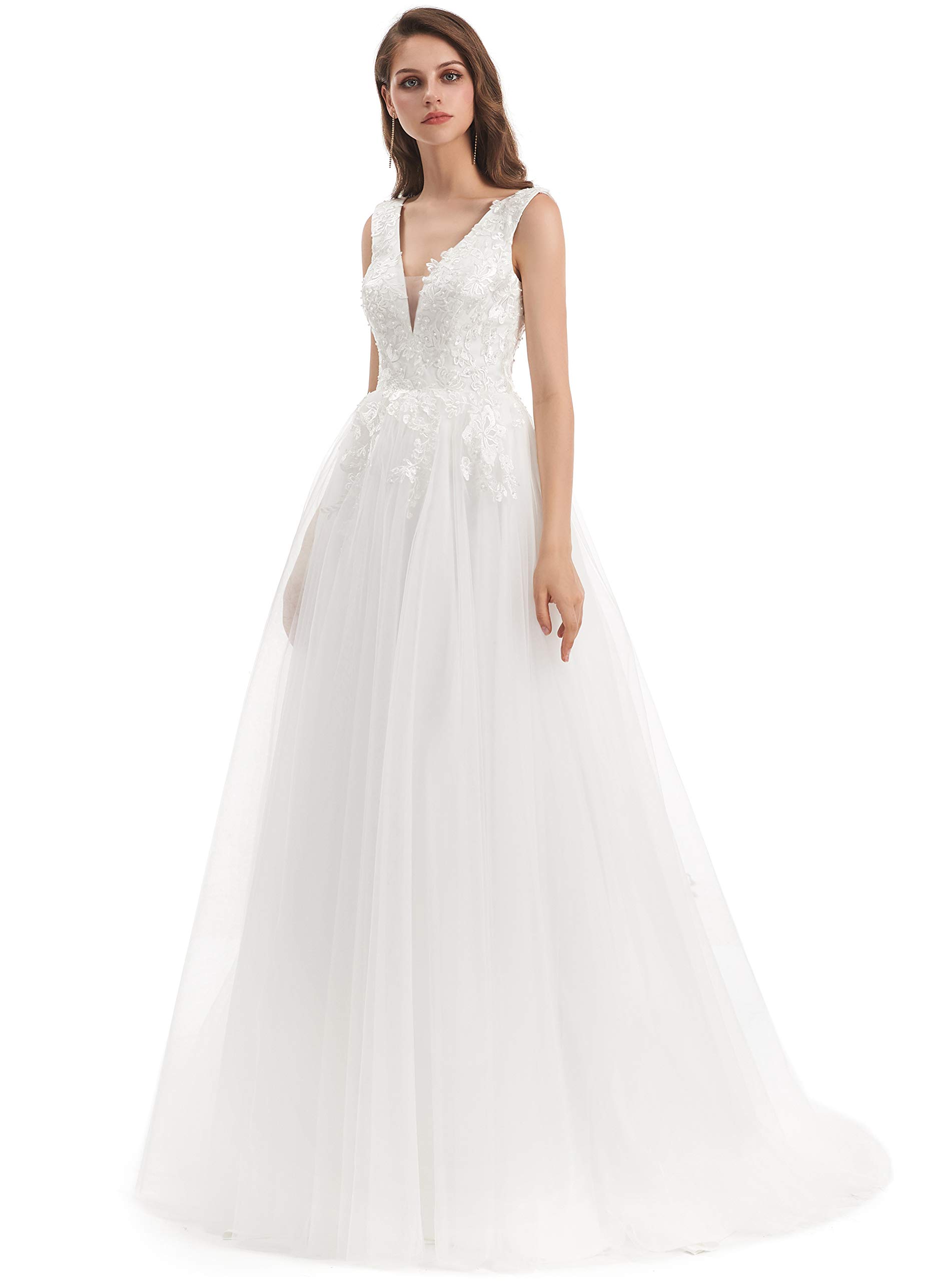 Elegant Women's V-Neck Pearl Applique Sleeveless Wedding Dress for Beach Brides | Perfect for Destination Weddings, Summer Ceremonies & Tropical Vacations
