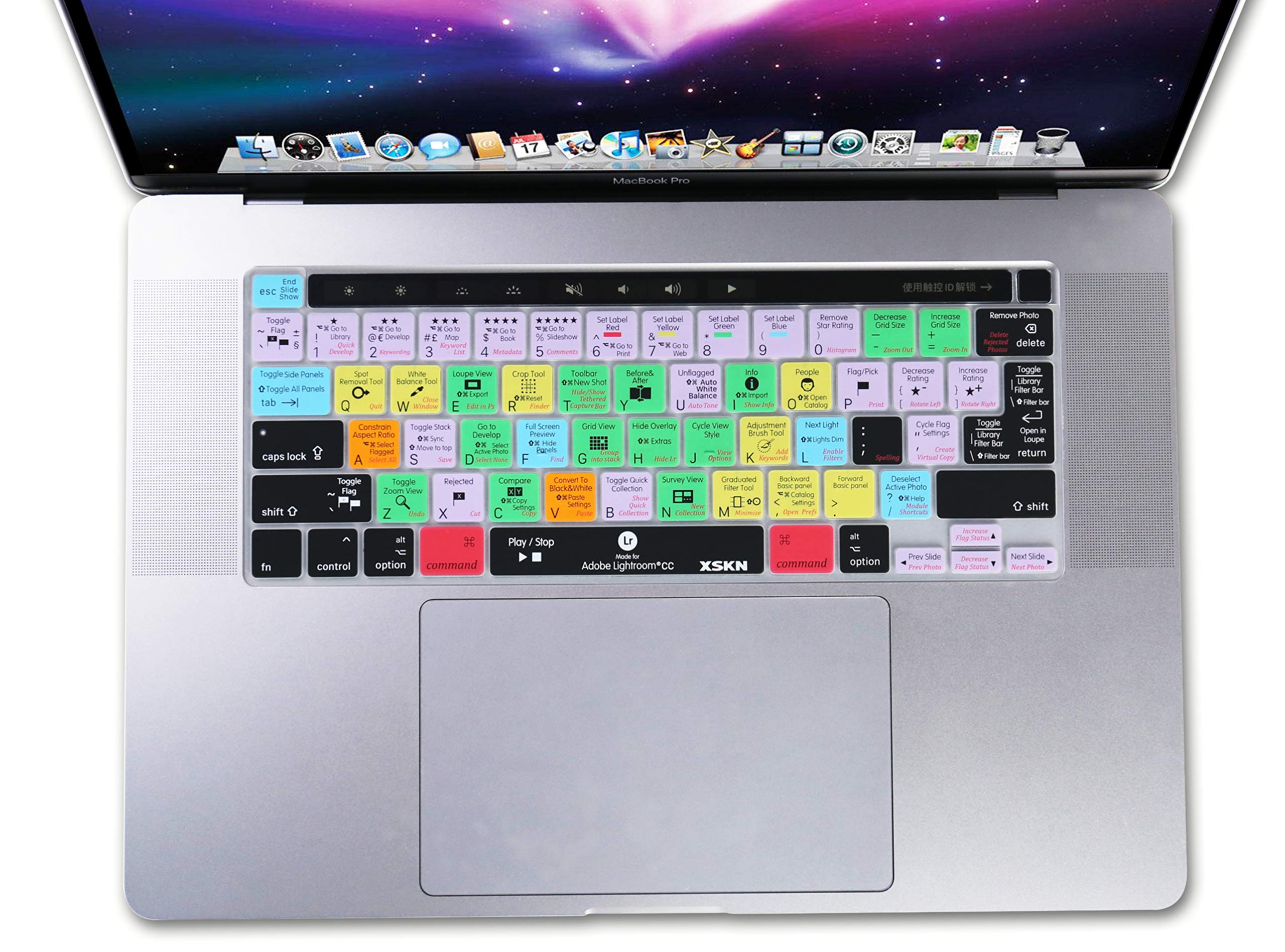 XSKN Lightroom CC Shortcut Keyboard Cover - Compatible with MacBook Pro 16-inch A2141 (2019) & 13.3-inch A2338/M1/A2251/A2289 (2020) - Silicone Skin for Touch Bar & Touch ID - US/EU Version - Perfect for Photo Editing & Creative Work