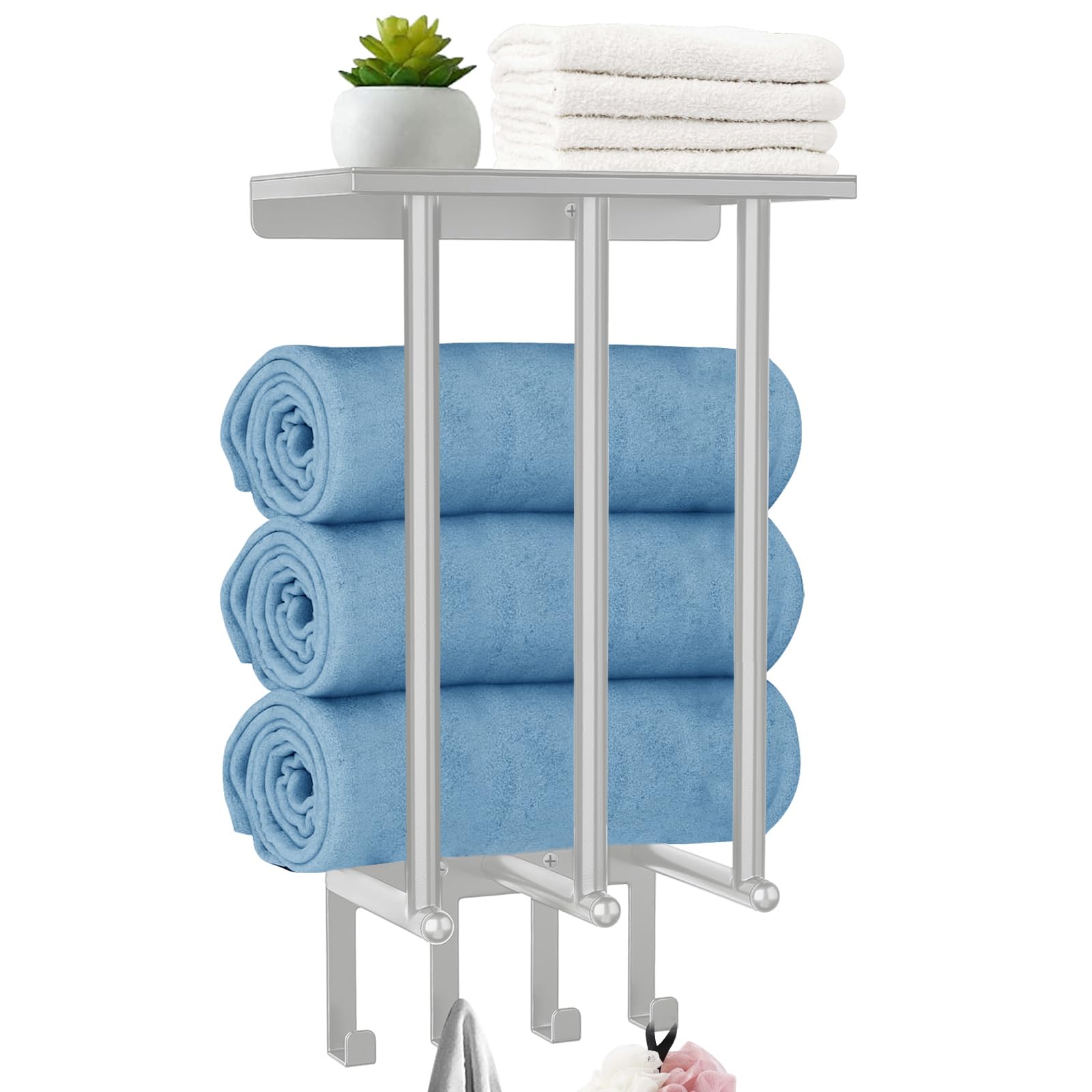 Stainless Steel Bathroom Towel Rack with 4 Hooks & Metal Shelf - Wall Mounted Towel Holder for Bathroom Organization - Space Saving Bathroom Decor (Grey) - Perfect for Small Bathrooms, Apartments & Vanity Areas