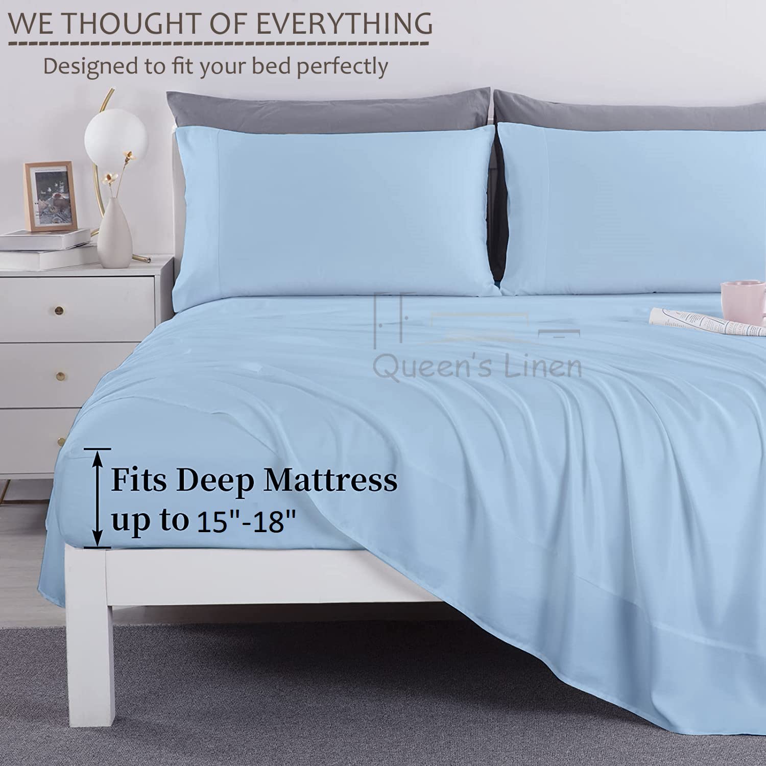 Luxury 400 Thread Count Queen Size Cotton Bed Sheet Set - 16 Inch Deep Pocket Fitted Sheet - Hotel Quality Linen Sheets (Sky Blue) for Comfortable Sleep & Bedroom Decor