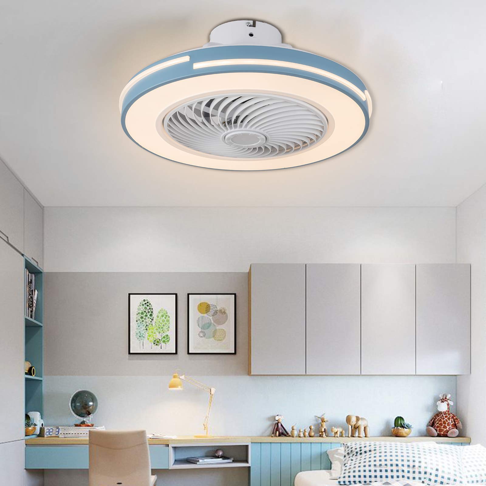 20 Inch Modern Low Profile Ceiling Fan with Light - Remote Control, Invisible Blades, 3 Speed Settings & 3 Color Temperatures - Semi Flush Mount Enclosed Chandelier Fan for Bedroom, Office, Living Room & Dining Room - Perfect for Small Spaces and Modern Home Decor