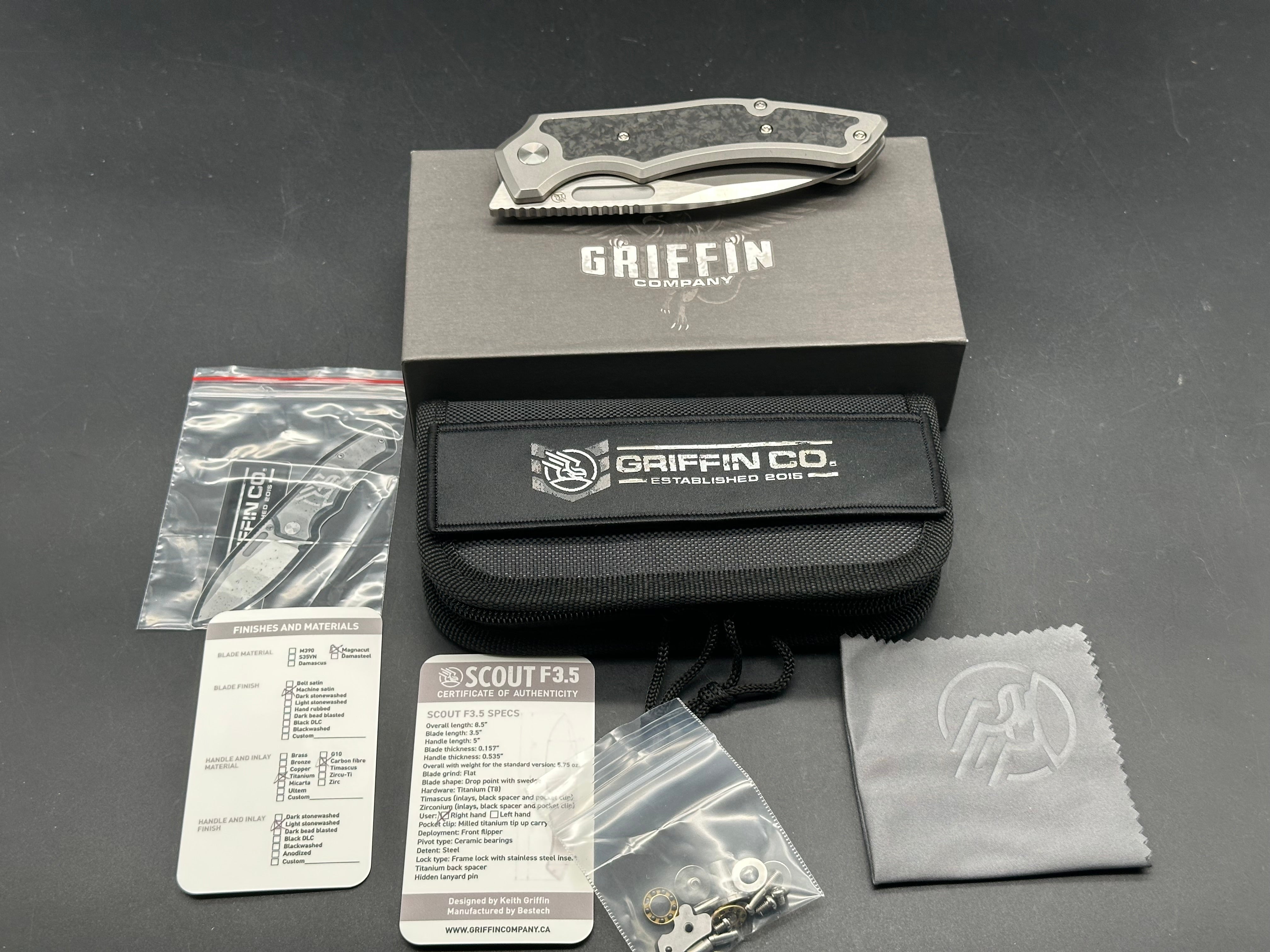 Premium Griffin Scout F3.5 Folding Knife - CPM Magnacut Blade with Satin Finish & Stonewashed Titanium Handles - EDC, Outdoor Survival, Camping, Hunting Gear