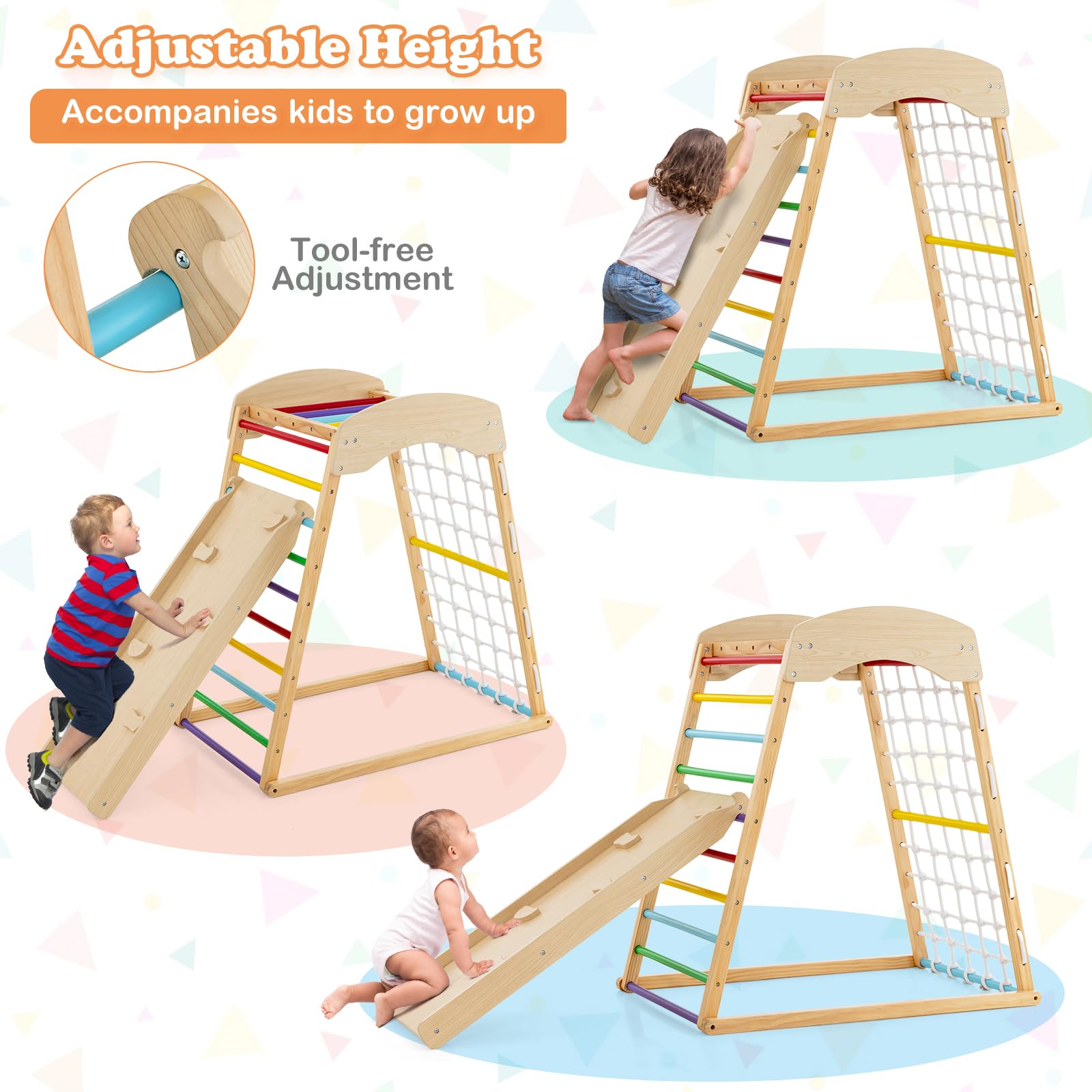 Costzon 6-in-1 Montessori Indoor Jungle Gym for Toddlers Ages 2-6 - Wooden Climbing Toys with Double-Sided Slide, Rock Wall & Net - Perfect for Home Playrooms, Daycares & Preschool Classrooms