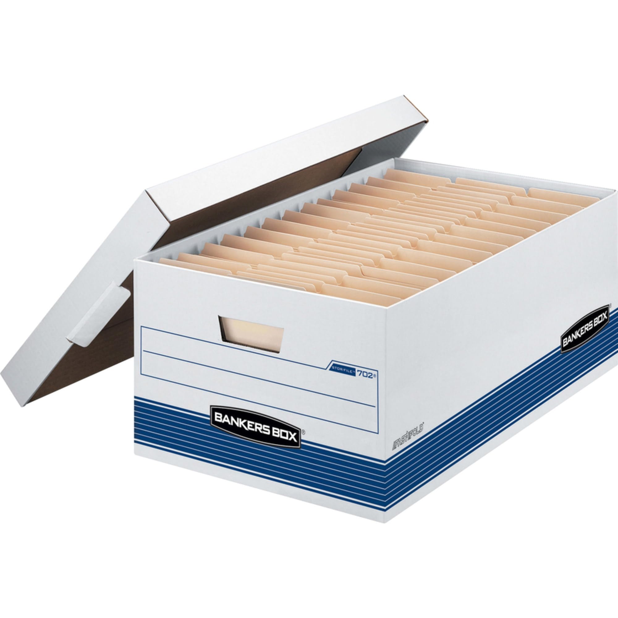 Bankers Box 0070205 STOR/FILE Legal Size Storage Box with Locking Lid - White/Blue (4-Pack) - Perfect for Office Document Organization & Secure File Storage