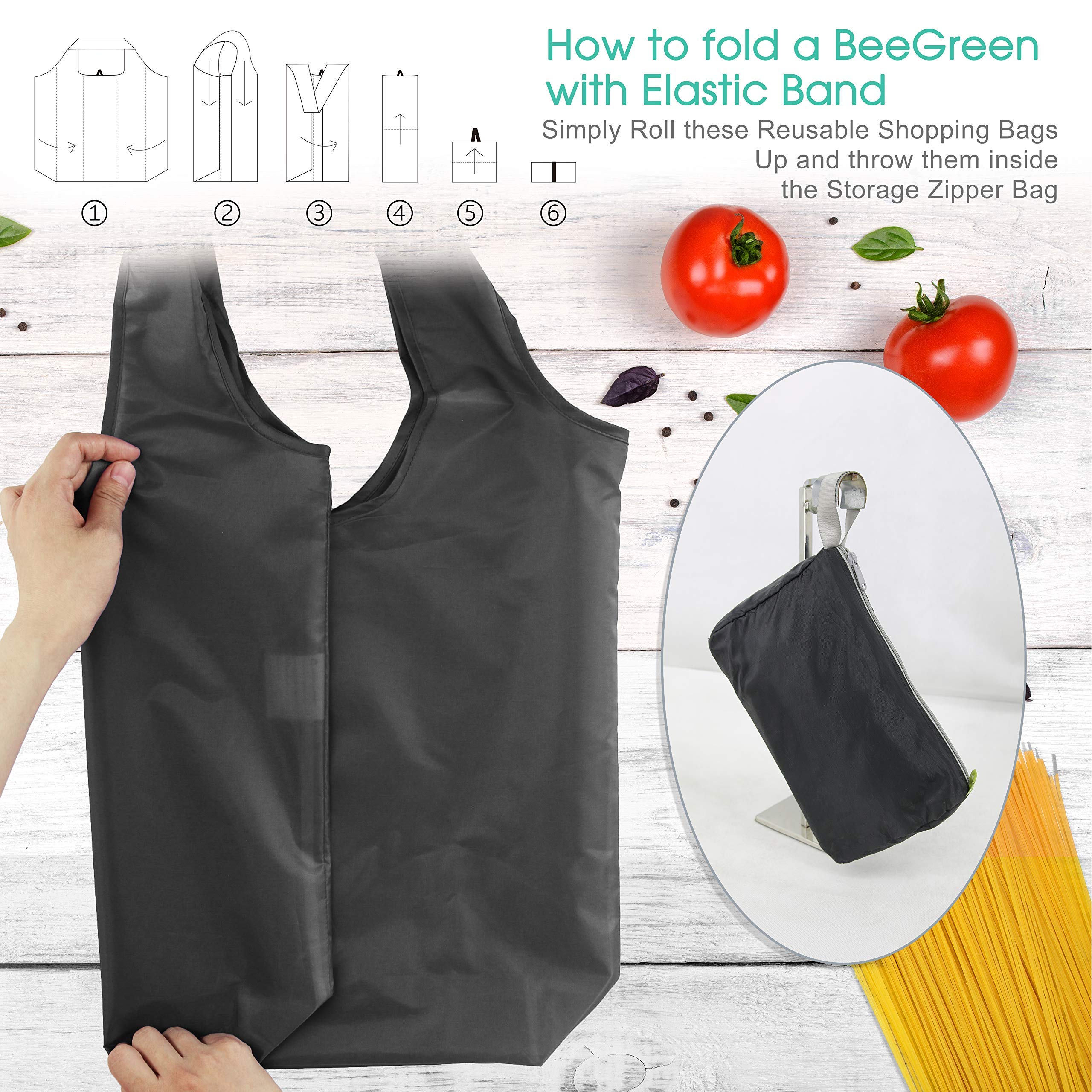 BeeGreen 20 Pack Heavy Duty Reusable Grocery Bags - Large Foldable Tote Bags with Storage Pouch & Elastic Band, Machine Washable, Holds 50LBS - Eco-Friendly Shopping Bags for Groceries, Farmers Market, Picnics & Beach Trips