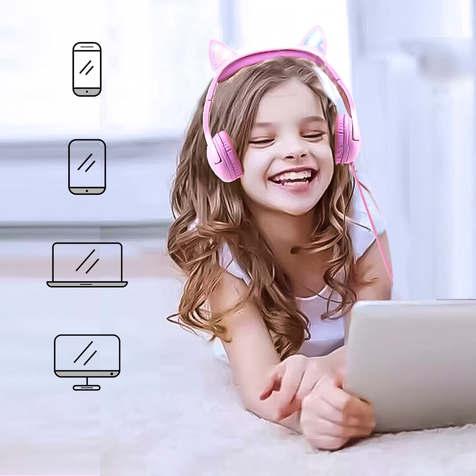 Olyre LED Light Up Cat Ear Headphones for Girls - 85dB Hearing Protection, Over-Ear Kids Headphones with 3.5mm Jack (Pink) - Perfect for School, Travel & Gaming
