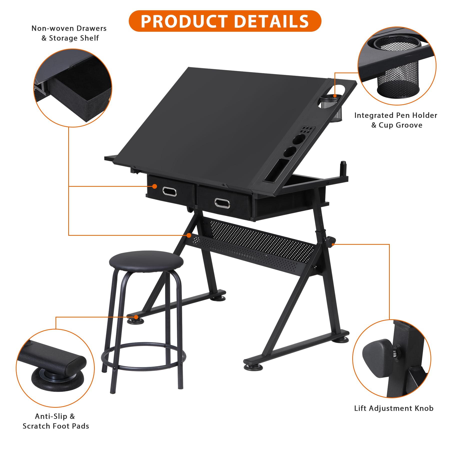 Adjustable Height Drafting Desk with 2 Storage Drawers - Ergonomic Drawing Table for Artists, Architects & Home Office Work - Perfect for Painting, Sketching & Remote Work - Black