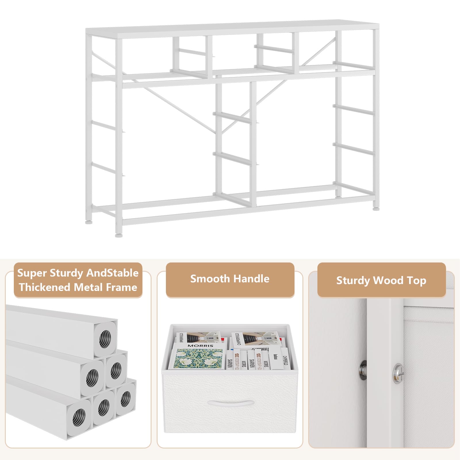 Jojoka 10-Drawer Wide Dresser with Wood Top & Steel Frame - Fabric Storage Cabinet for Bedroom, Hallway, Nursery, Closet - Perfect TV Stand & Entertainment Center Organizer (White)