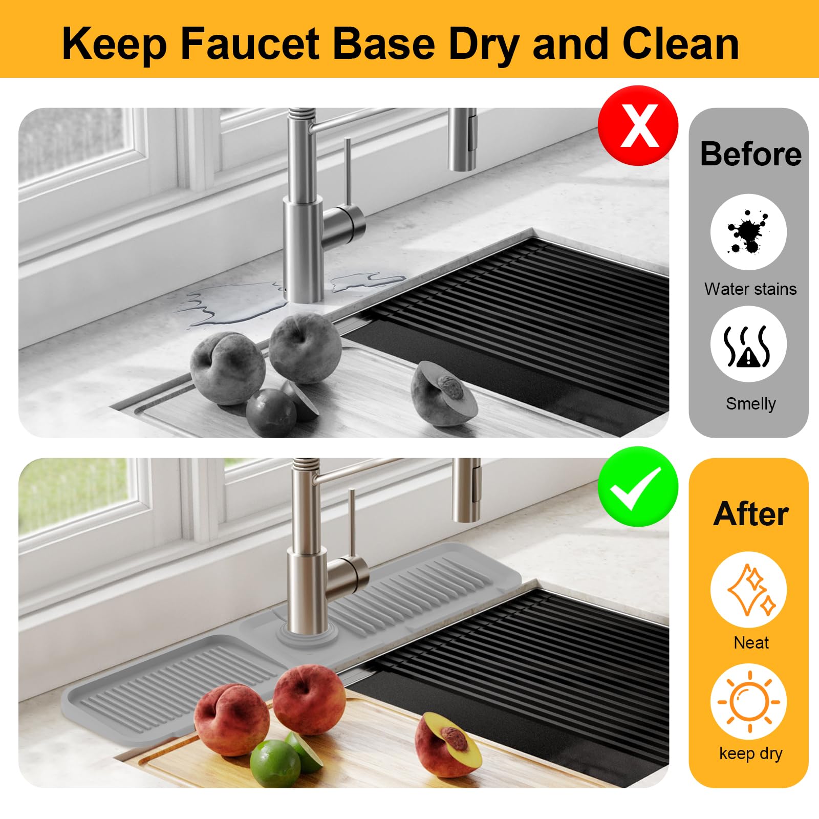 24 Inch Silicone Faucet Mat for Kitchen Sink - 5°Slope Fast Draining Splash Guard Behind Faucet, Non-Slip Sink Protector Mat for Kitchen & Bathroom (Gray) - Perfect for Countertop Protection & Water Splash Prevention