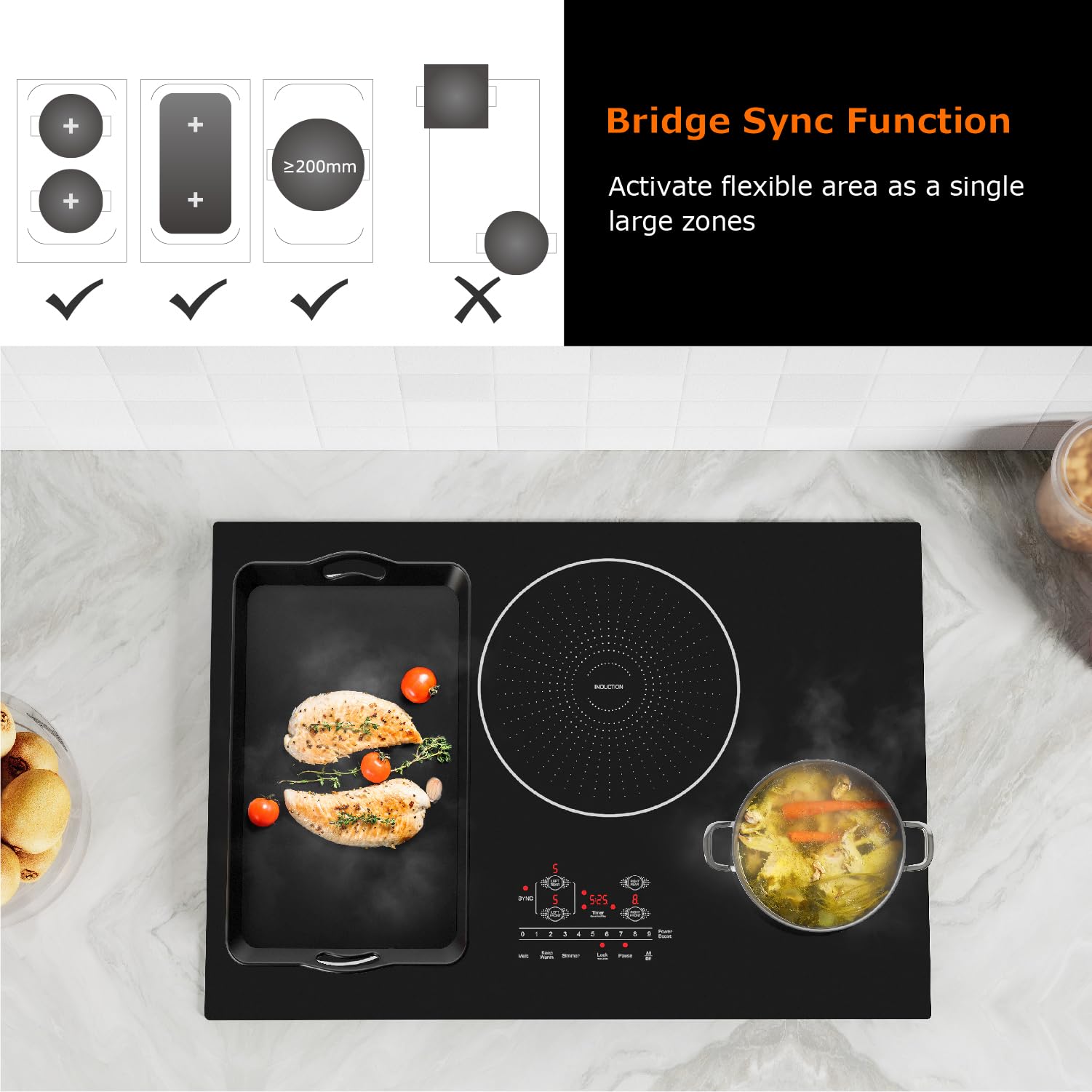 30 Inch 4 Burner Induction Cooktop with Bridge-SYNC Technology - Flat Glass Electric Stove with Booster, Timer, Child Lock & Pause Function - 208-240V/40A Drop-In Installation - Perfect for Modern Kitchens, Home Cooking & Professional Chefs